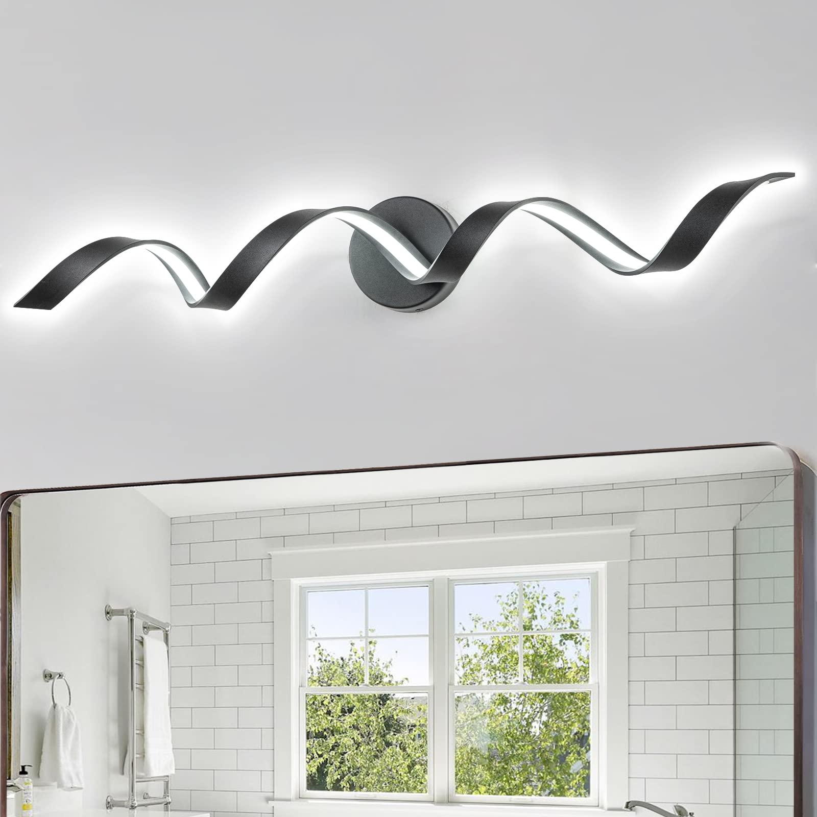 Front. HM 1810 - Dimmable Modern Led Bathroom Vanity Light Inch w Spiral Design Brushed Nickel Fixtures Over Mirror Wall Sco - Black 31.5 inch.