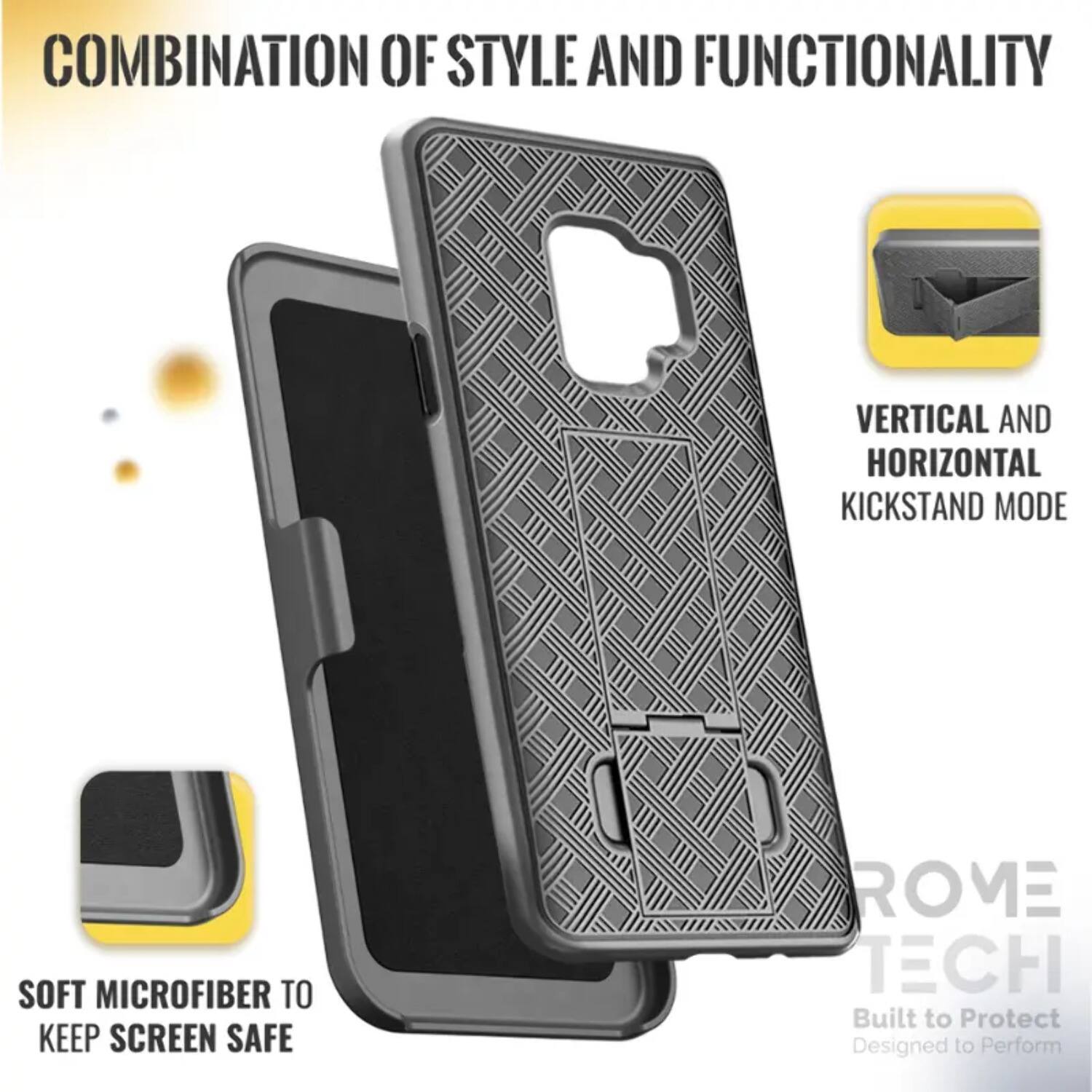 COMBINATION OF STYLE AND FUNCTIONALITY  
VERTICAL AND HORIZONTAL KICKSTAND MODE  
SOFT MICROFIBER TO KEEP SCREEN SAFE  

ROME TECH  
Built to Protect  
Designed to Perform