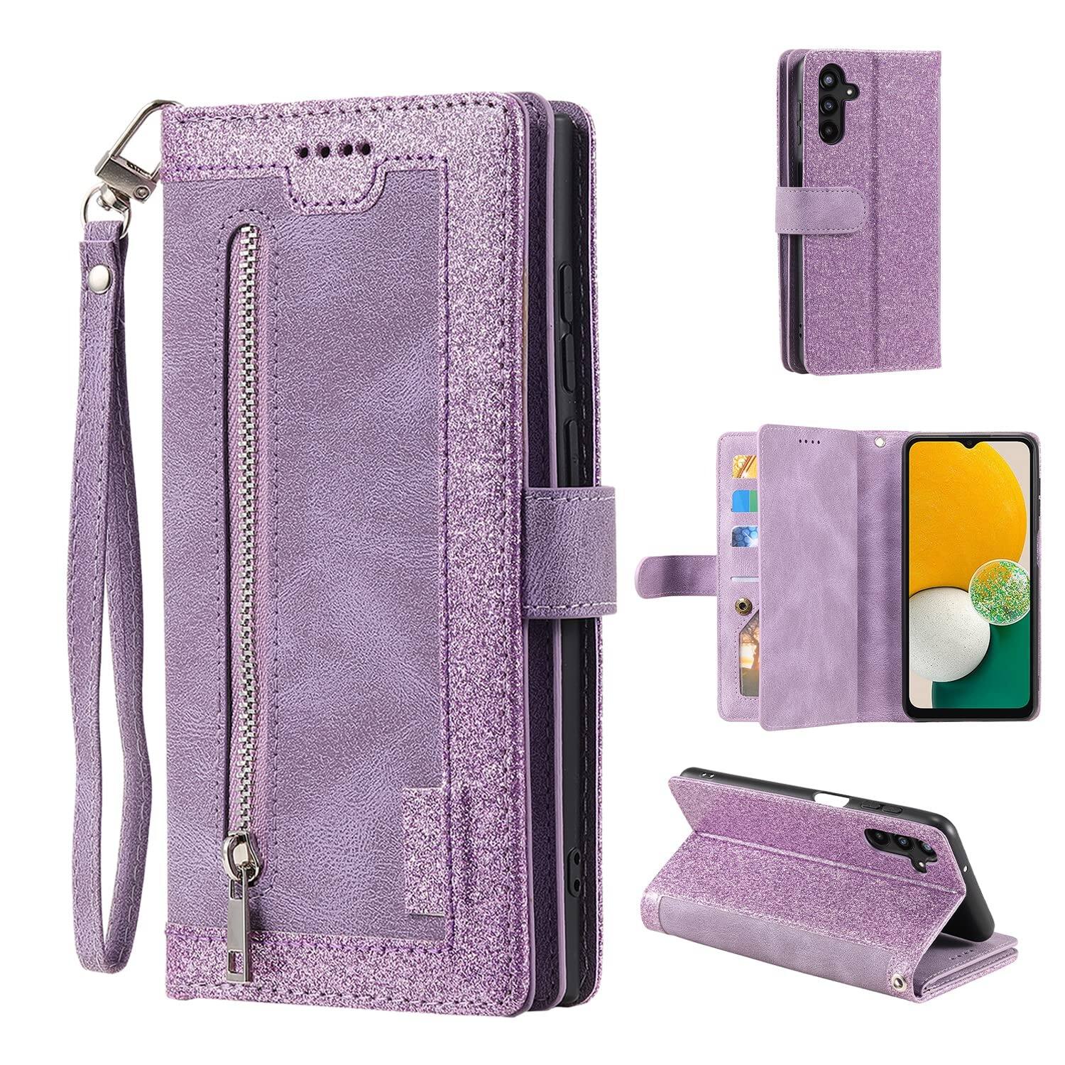 Front. UUCOVER - Magnetic Flip Wallet Case for Samsung Galaxy A16 4G/5G with Card Cash Slots, Zipper Pocket and Wrist Strap, Stand Cover - Purple.