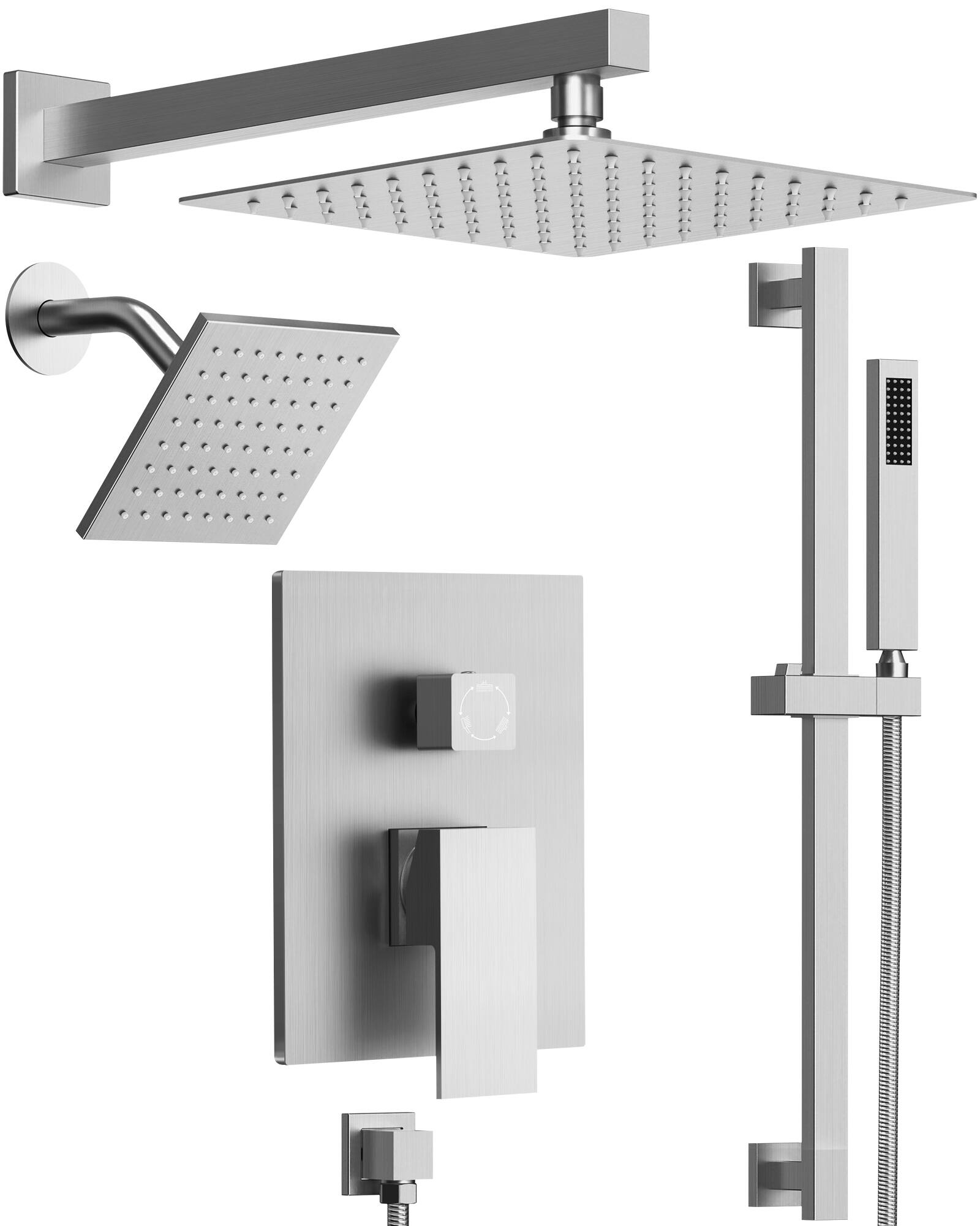 Front. GRANDJOY - 10" Wall Mount Shower System with Handheld Spray, Slide Bar, and Pressure Balance Valve for Modern Bathroom - Brushed Nickel.