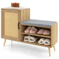 Costway - 2-in-1 Rattan Shoe Cabinet with Bench 3 Adjustable Shelves & Solid Pine Wood Legs - Natural - Front_Zoom