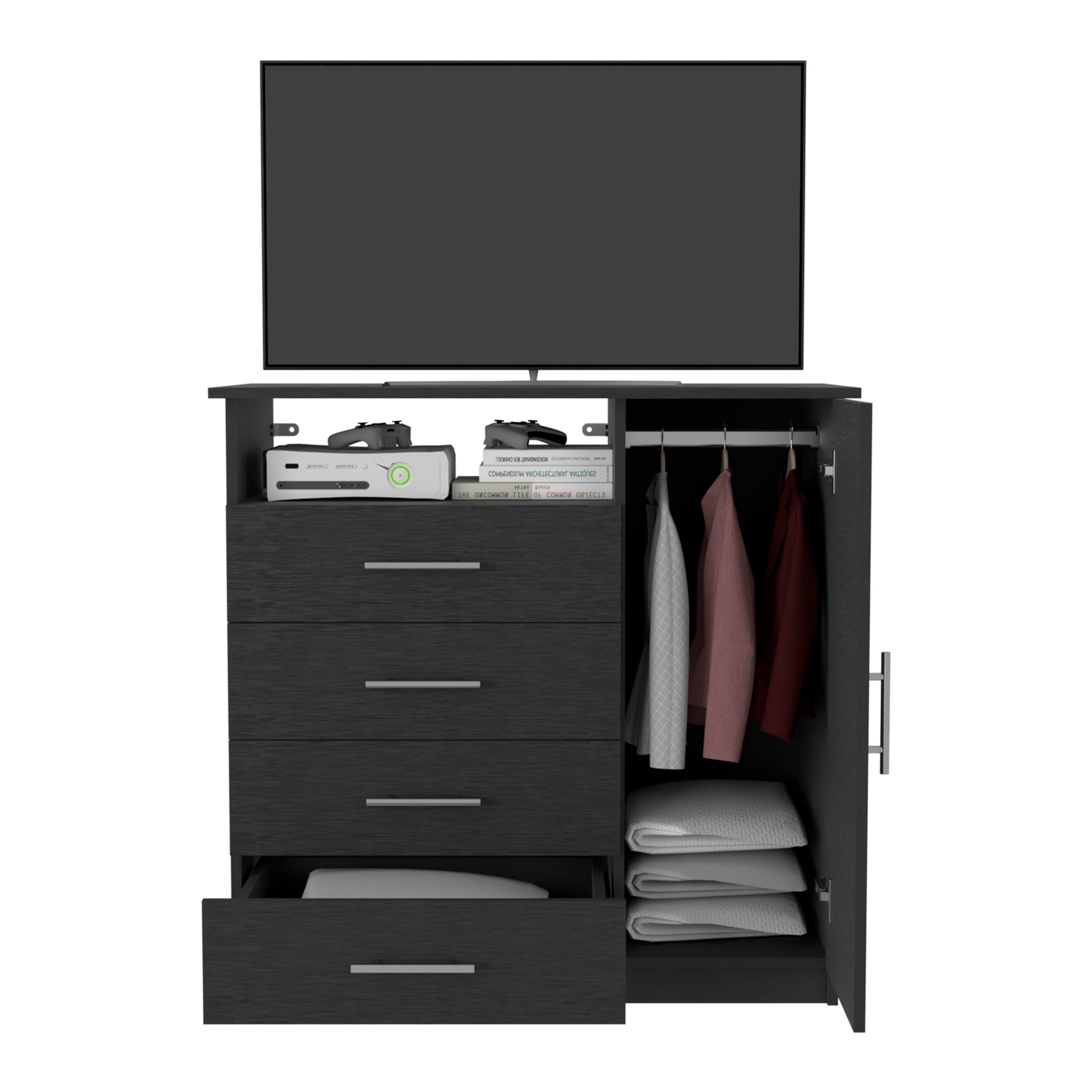 Alt View 1. TuHome - Peru 4 Drawer Dresser, Single Door Cabinet, One Open Shelf, Superior Top - Black.