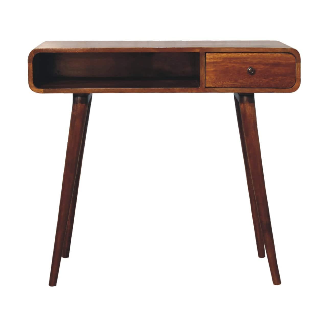 Artisan Furniture - Solid Wood Curved Chestnut Writing Desk, 1 Drawer, 1 Shelf - Dark Brown