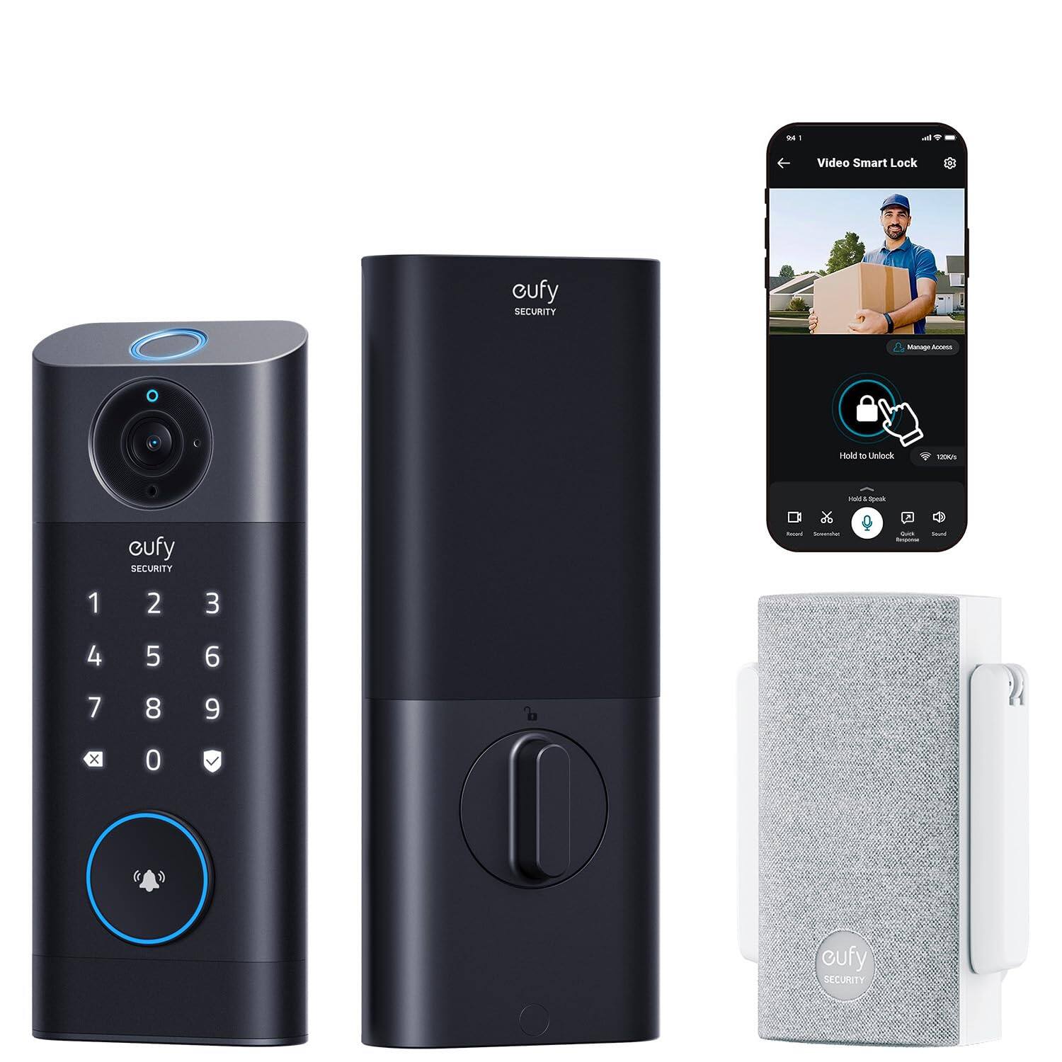 eufy - Smart Lock S330, 3‑in‑1 Camera/Doorbell/Fingerprint, Wi‑Fi Deadbolt, App Control, Chime Included, SD Card Req