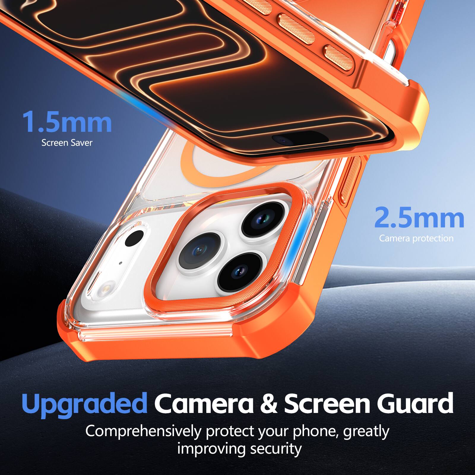1.5mm Screen Saver  
2.5mm Camera protection  
Upgraded Camera & Screen Guard  
Comprehensively protect your phone, greatly improving security