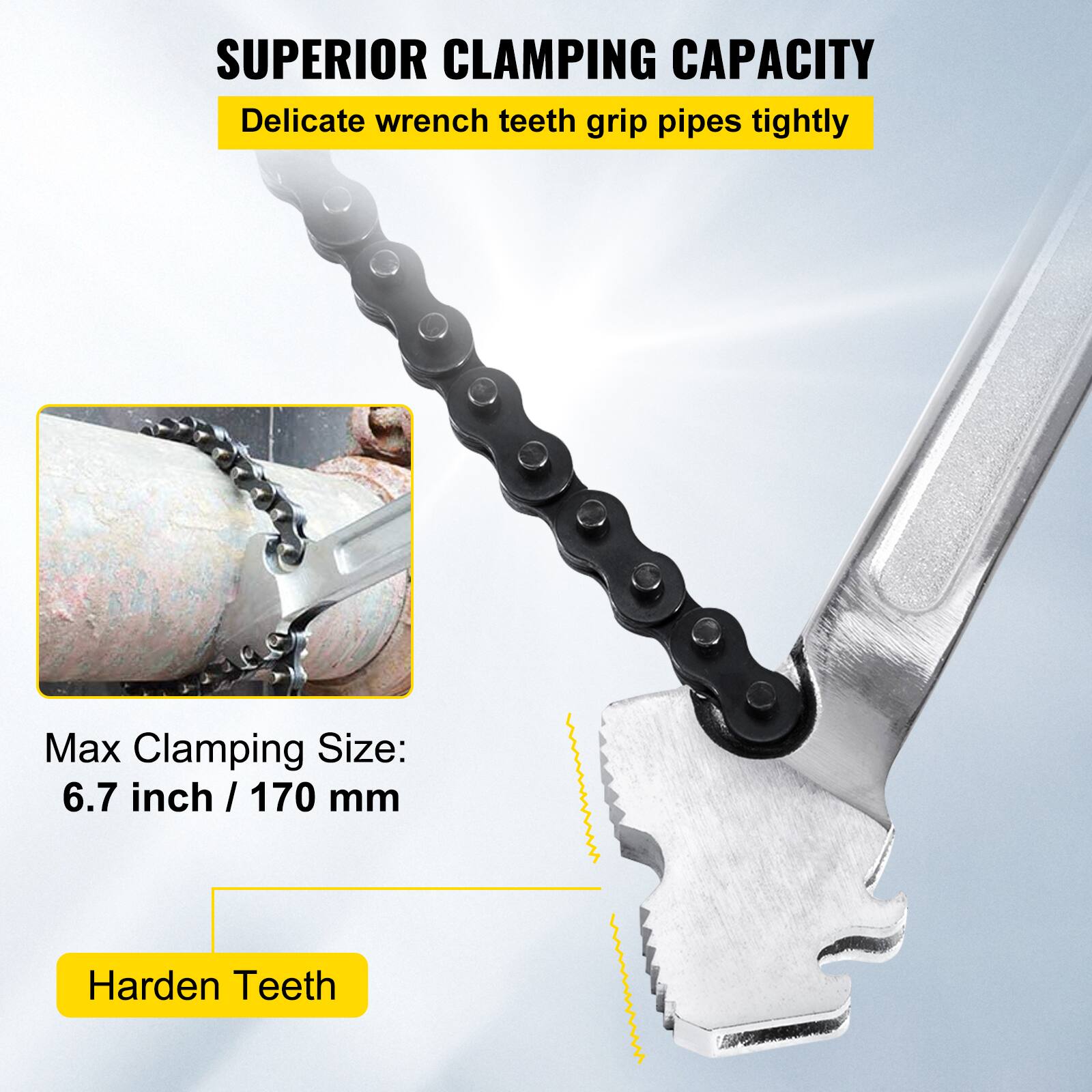 SUPERIOR CLAMPING CAPACITY  
Delicate wrench teeth grip pipes tightly  

Max Clamping Size:  
6.7 inch / 170 mm  

Harden Teeth