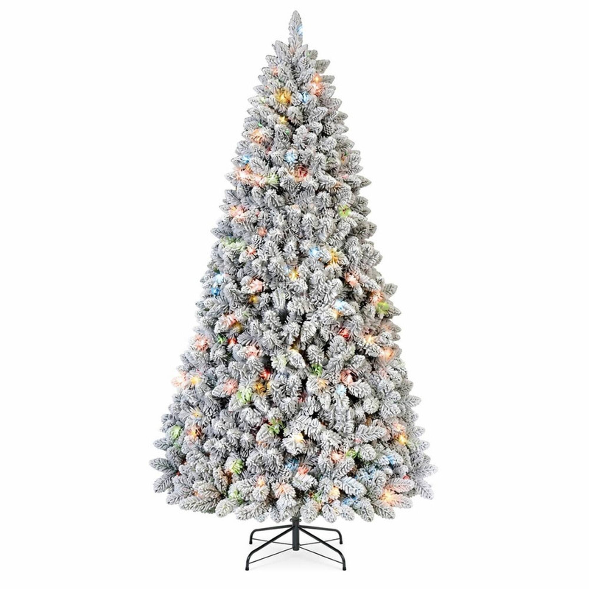 Front. RYHNUYNE - 4FT Flocked Colorful Pre-Lit Christmas Tree, 150 Colorful Lights 21 Pine Cones 366 Snowy PVC Tips Hinged Branches - Green,White.