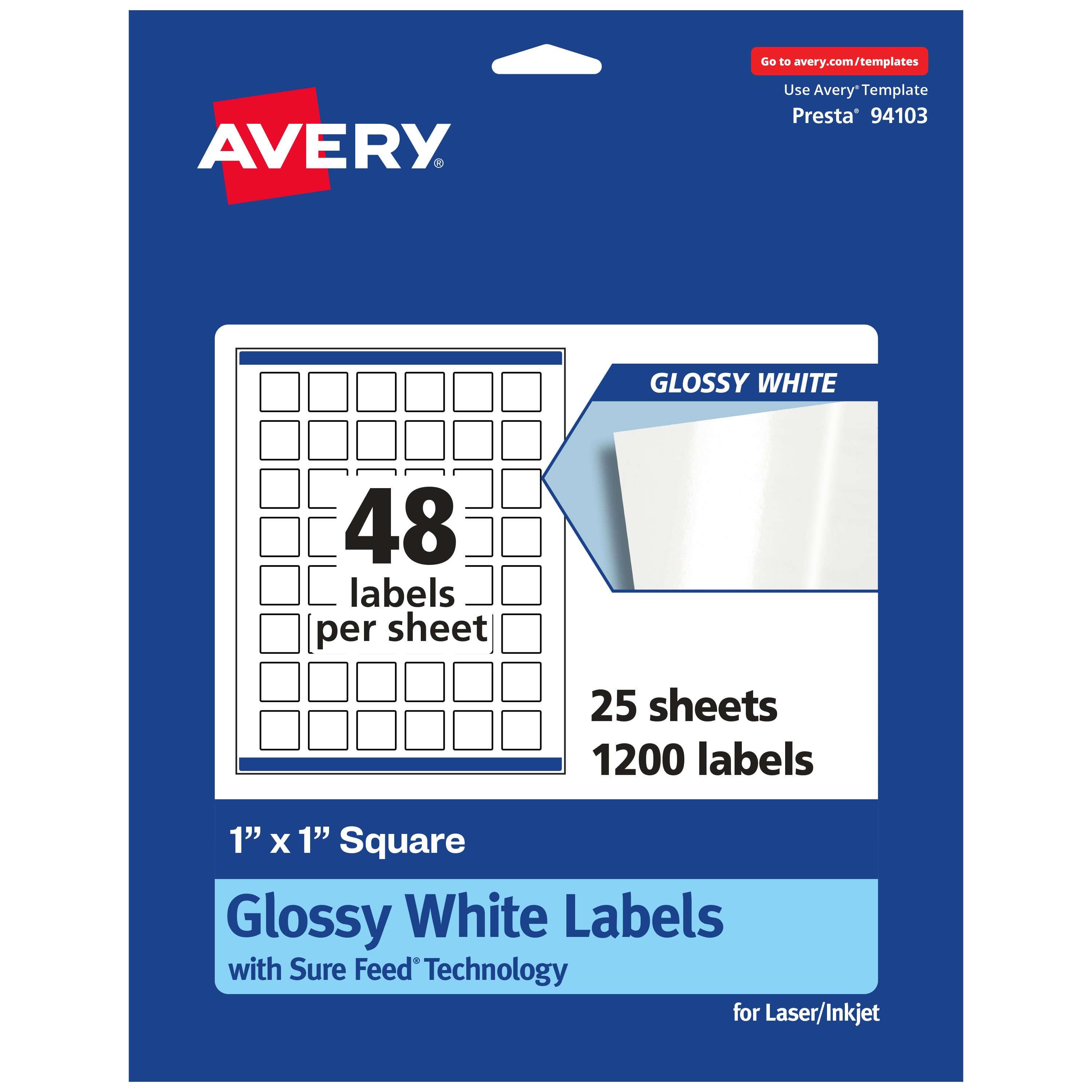 Avery - Glossy Square Labels, 1" x 1", 1,200 Total - White