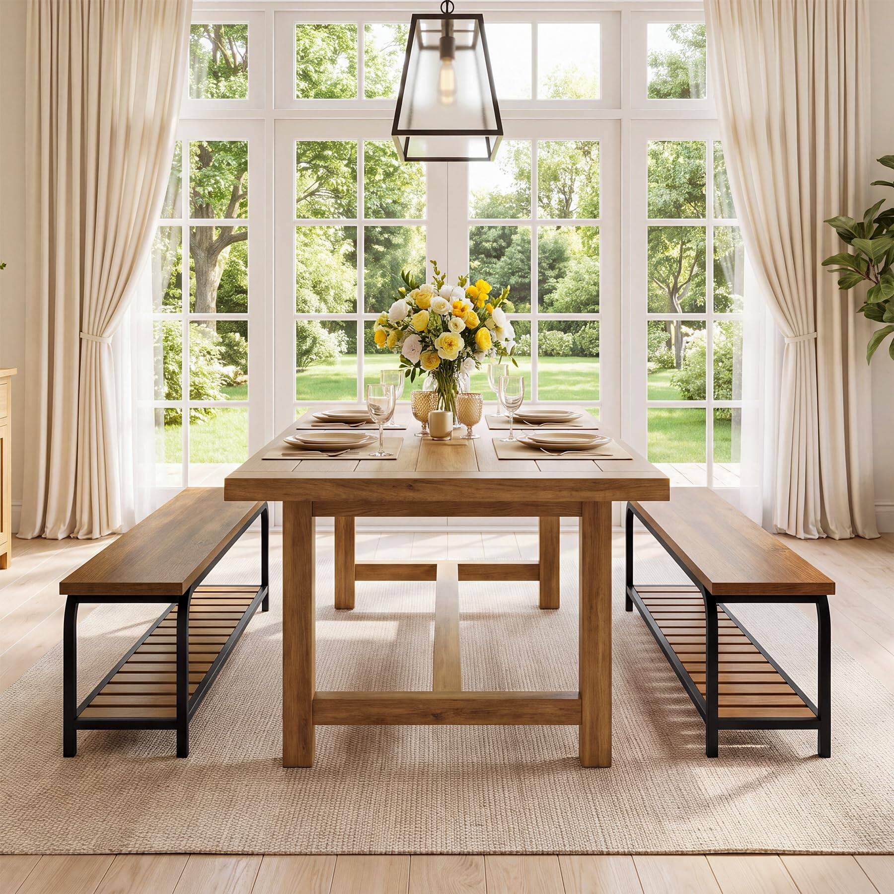Back. Tribesigns - 63-Inch Industrial Dining Bench, 2-Tier Long Kitchen Bench - Brown & Black.