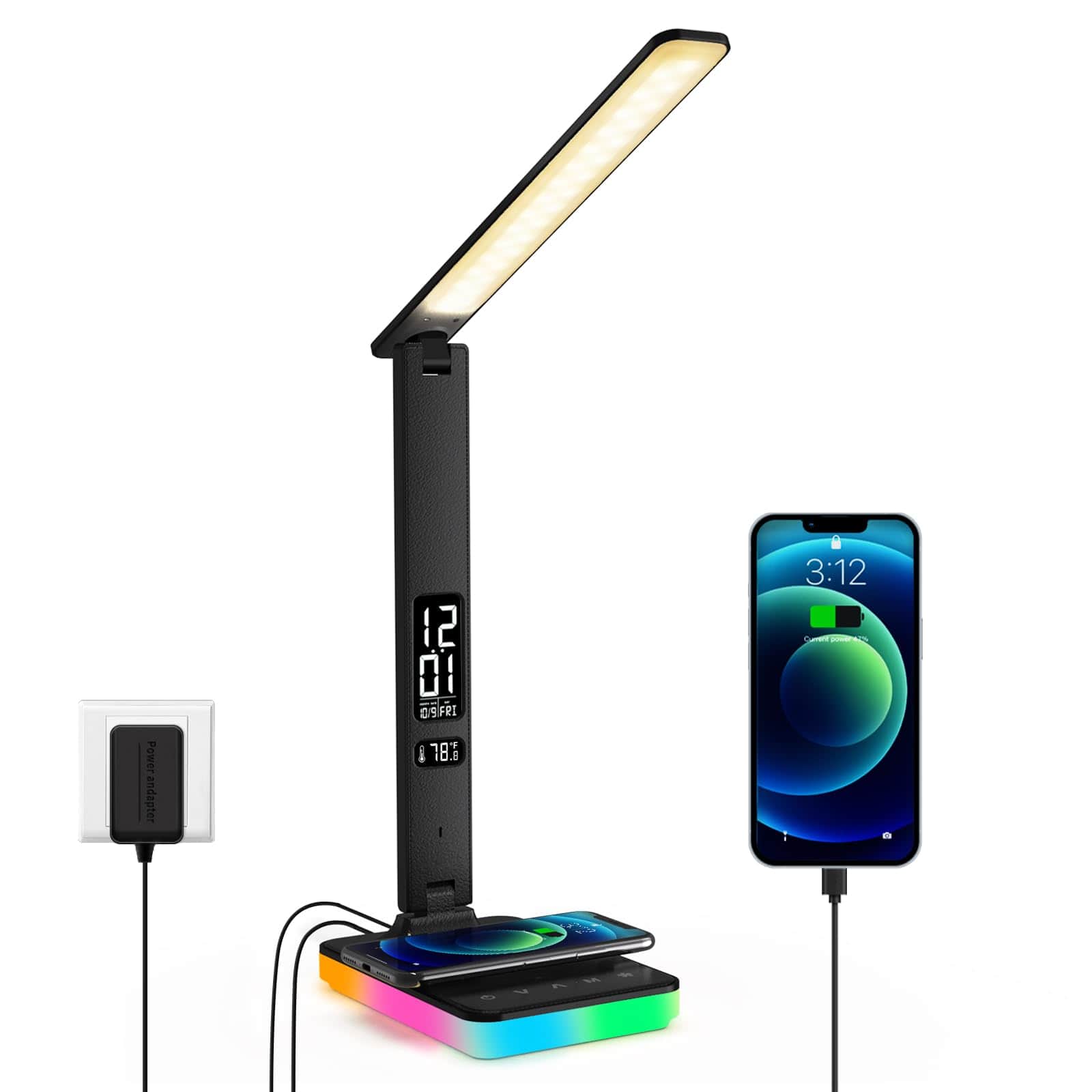 Dazzed Corner - LED Desk Lamp with 10W Fast Wireless Charging, Alarm Clock - Black