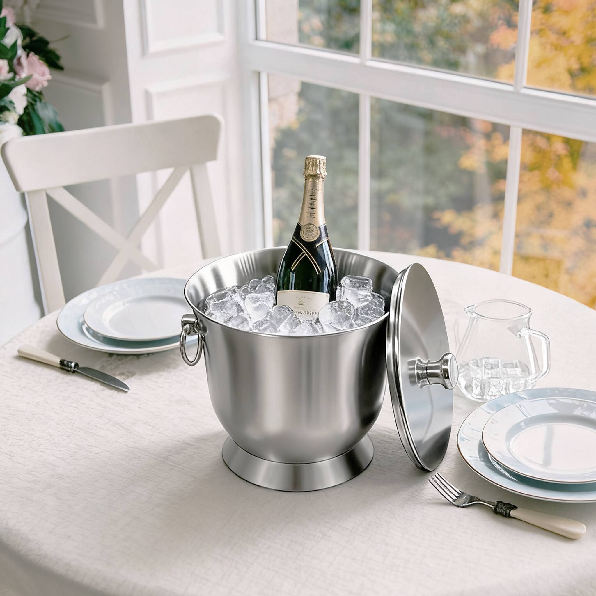 Angle. Fortune Candy - Insulated Ice Bucket, 3.3 L, Double Walled 18/8 Stainless Steel Ice Bucket with Ice Tongs and Lid - Silver.