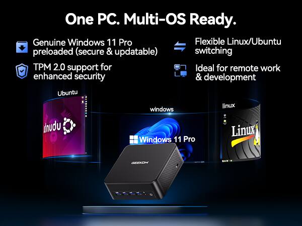 One PC. Multi-OS Ready.

- Genuine Windows 11 Pro preloaded (secure & updatable)
- TPM 2.0 support for enhanced security
- Flexible Linux/Ubuntu switching
- Ideal for remote work & development

Ubuntu  
Windows 11 Pro  
Linux  

GEEKOM