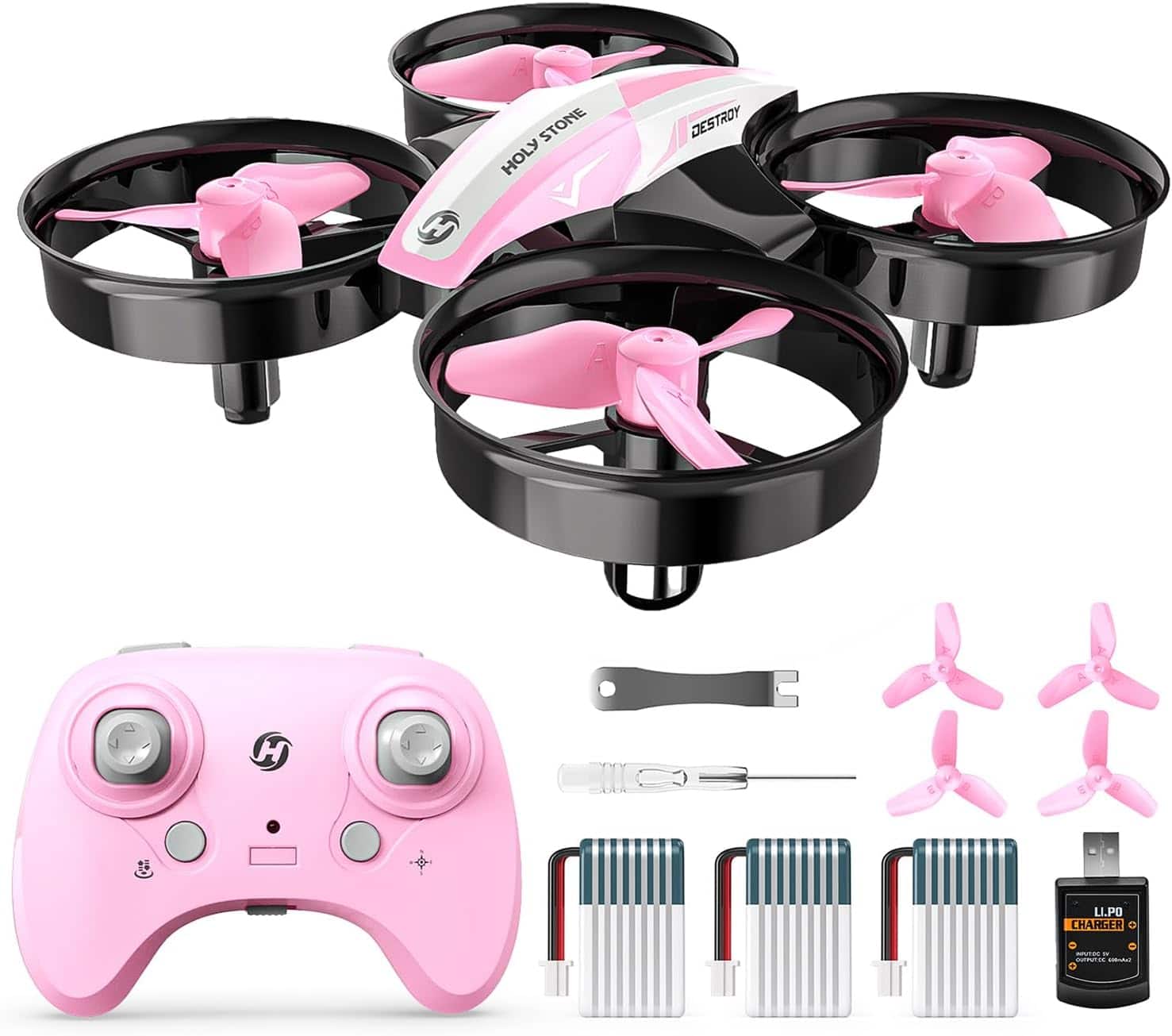 Bundle - Holy Stone - HS210 Mini Indoor Drone with Auto Hover, 3D Flips and 3 Batteries - Pink