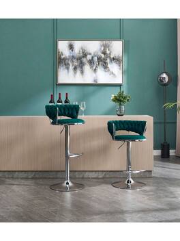 Trinkets Crazed - Velvet Bar Stools Set Of 2, Modern Swivel Barstools With Woven Backrest, Adjustable Counter Stools - Green