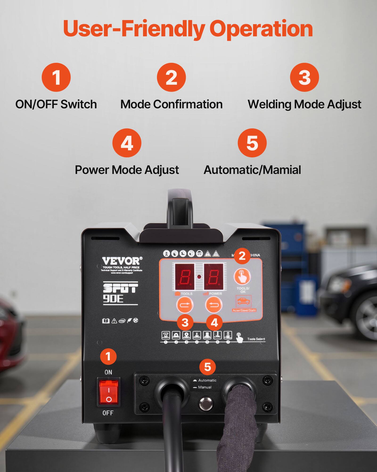 User-Friendly Operation

1. ON/OFF Switch
2. Mode Confirmation
3. Welding Mode Adjust
4. Power Mode Adjust
5. Automatic/Manual

VEVOR TOOLS, HALF PRICE Total Support and Warranty Certificate

SPOT 9DE

TOOLS/OK
Acier/Steel/Stahl

1. ON
2. OFF

3. Tools Select

4. Automatic
5. Manual