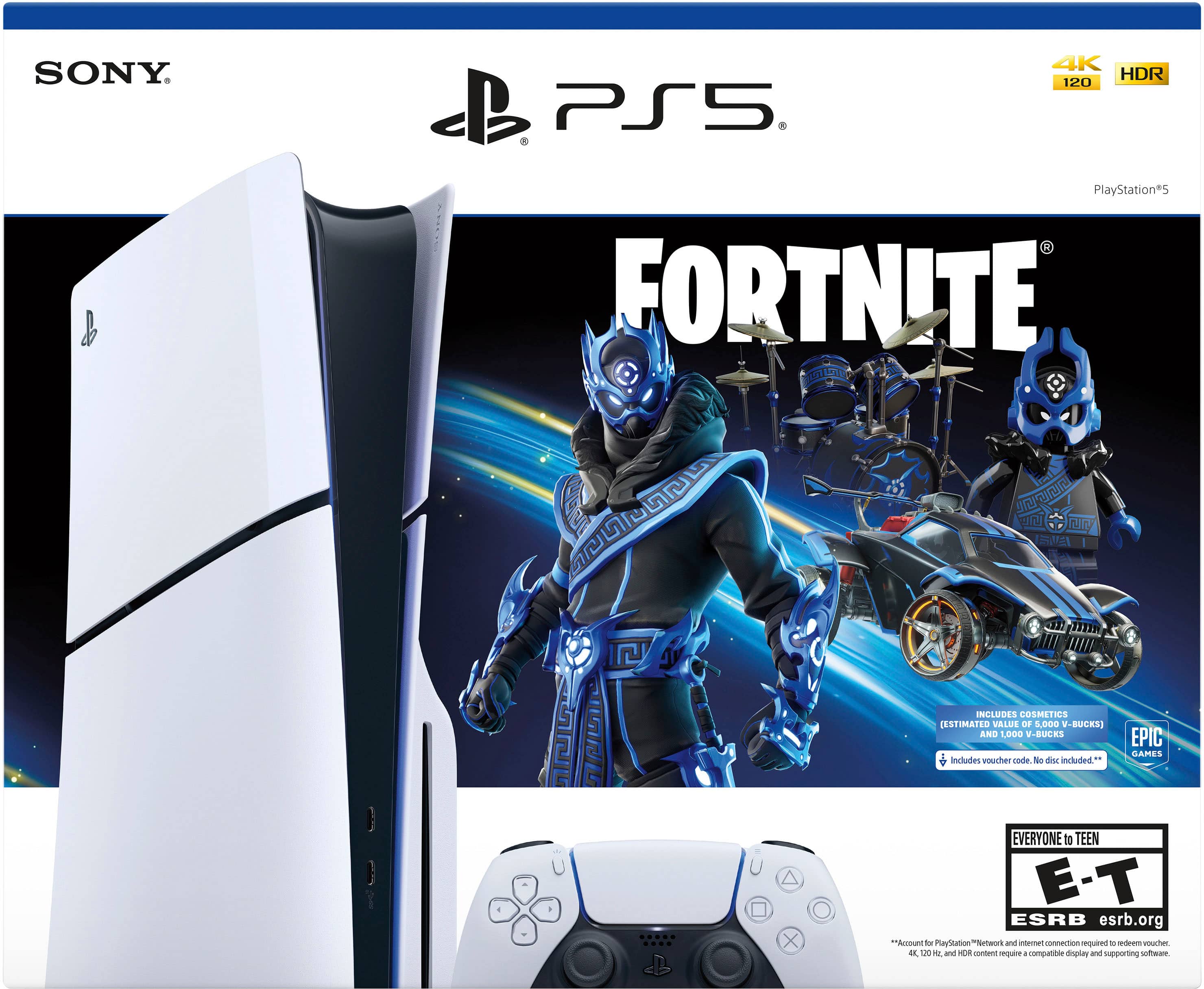 SONY. PS5 4K HDR 120 d PlayStation*5 A FORTNITE LgE e ruity SA INCLUDES COSMETICS (ESTIMATED VALUE Ce 5,000 V-BUCRS) AND 1,000 V-BUCKS Includes voucher code tu dis incaded EPIC GAMES EVERYONE to TEEN E-T ESRB esrb.org Assount d PayStation" tior/"etwork an teret conmection.-sequied - ine D0 F and HOR contevo reguire + compatibile Siogliay and supporting n