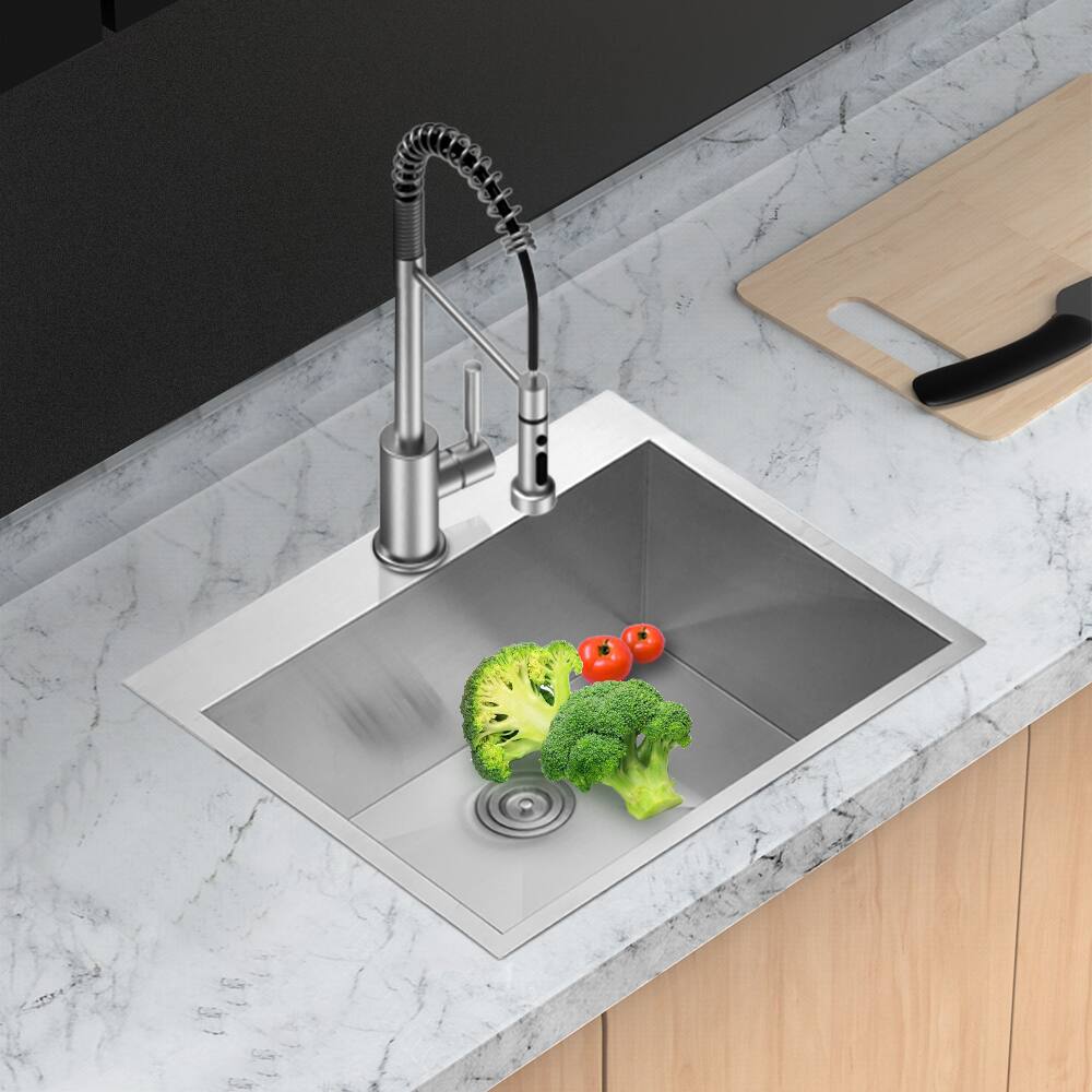 Left. Siljoy - Laundry Sink Drop In - 25"x22" 16 Gauge Stainless Steel Drop In Topmount 12 Inch Deep Single Bowl Above Counter Basin - Brushed Nickel.