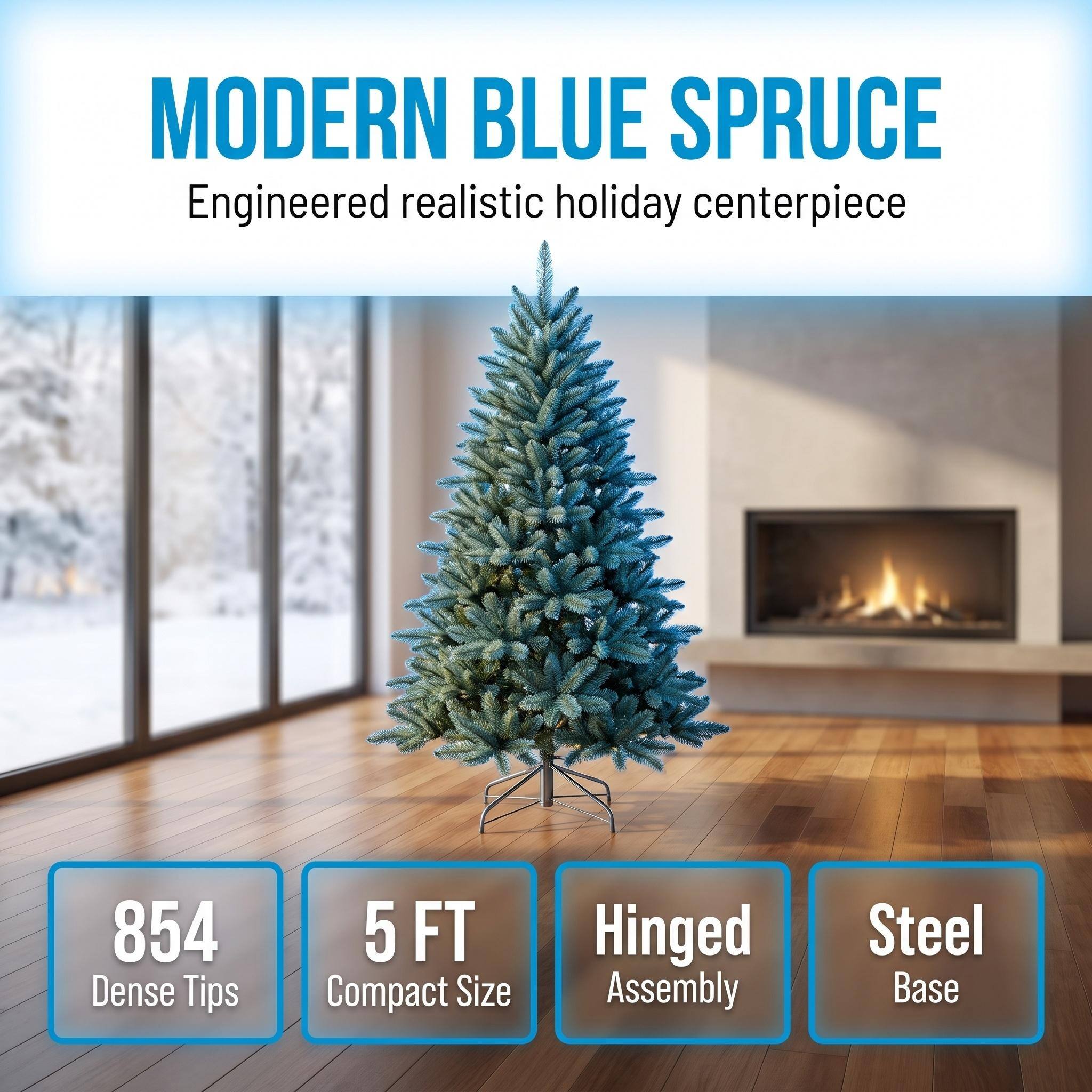 MODERN BLUE SPRUCE  
Engineered realistic holiday centerpiece  

854 Dense Tips  
5 FT Compact Size  
Hinged Assembly  
Steel Base