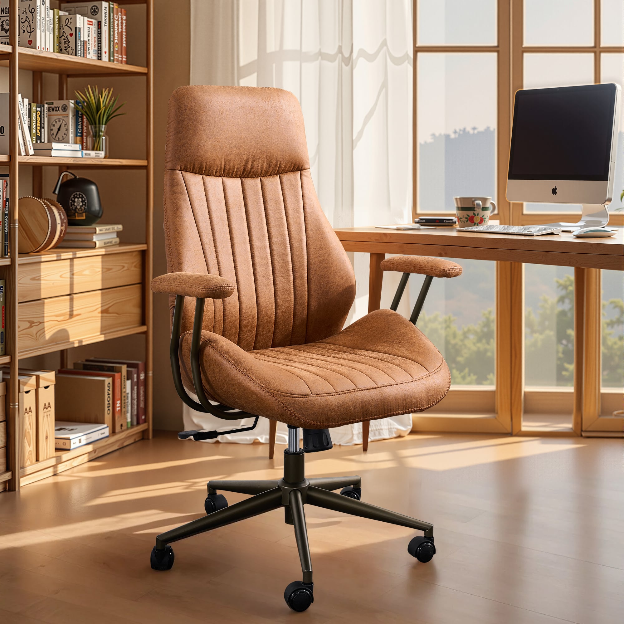 Ovios - Ergonomic High Back Office Chair, 300lb Capacity, Suede Fabric & Smooth Rolling Wheels for Workspace - Brown
