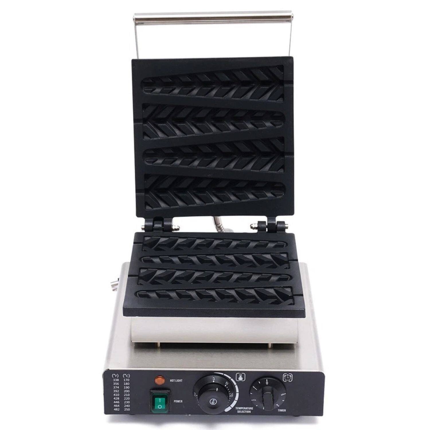 The text on the image is not clear enough to be read accurately. However, based on the context of the image, which shows a commercial waffle iron, the text might be related to the product specifications or brand name. If you have specific text you need help with, please provide it.