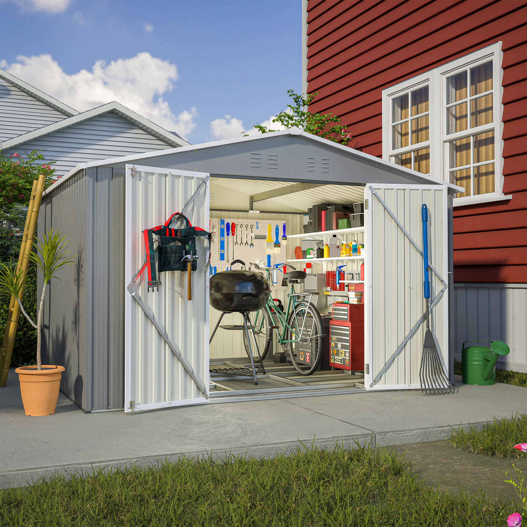 Mondawe - 10X8 FT Outdoor Tool Storage Shed with Metal Foundation & Lockable Doors - Gray