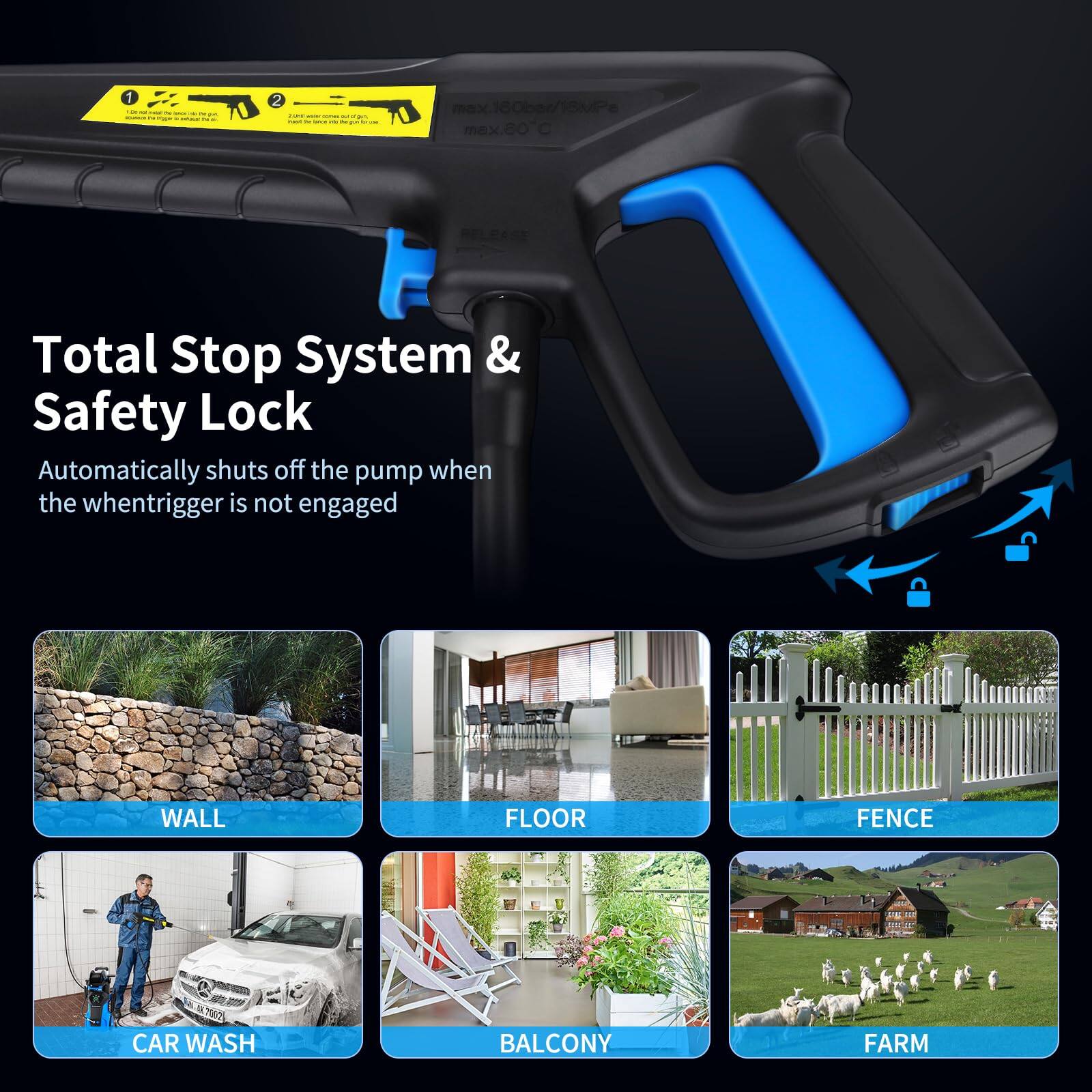 1 | 2 mex.160ber/15MPe mx.eo Total Stop System & Safety Lock Automatically shuts off the pump when the whentrigger is not engaged WALL FLOOR FENCE CAR WASH BALCONY FARM