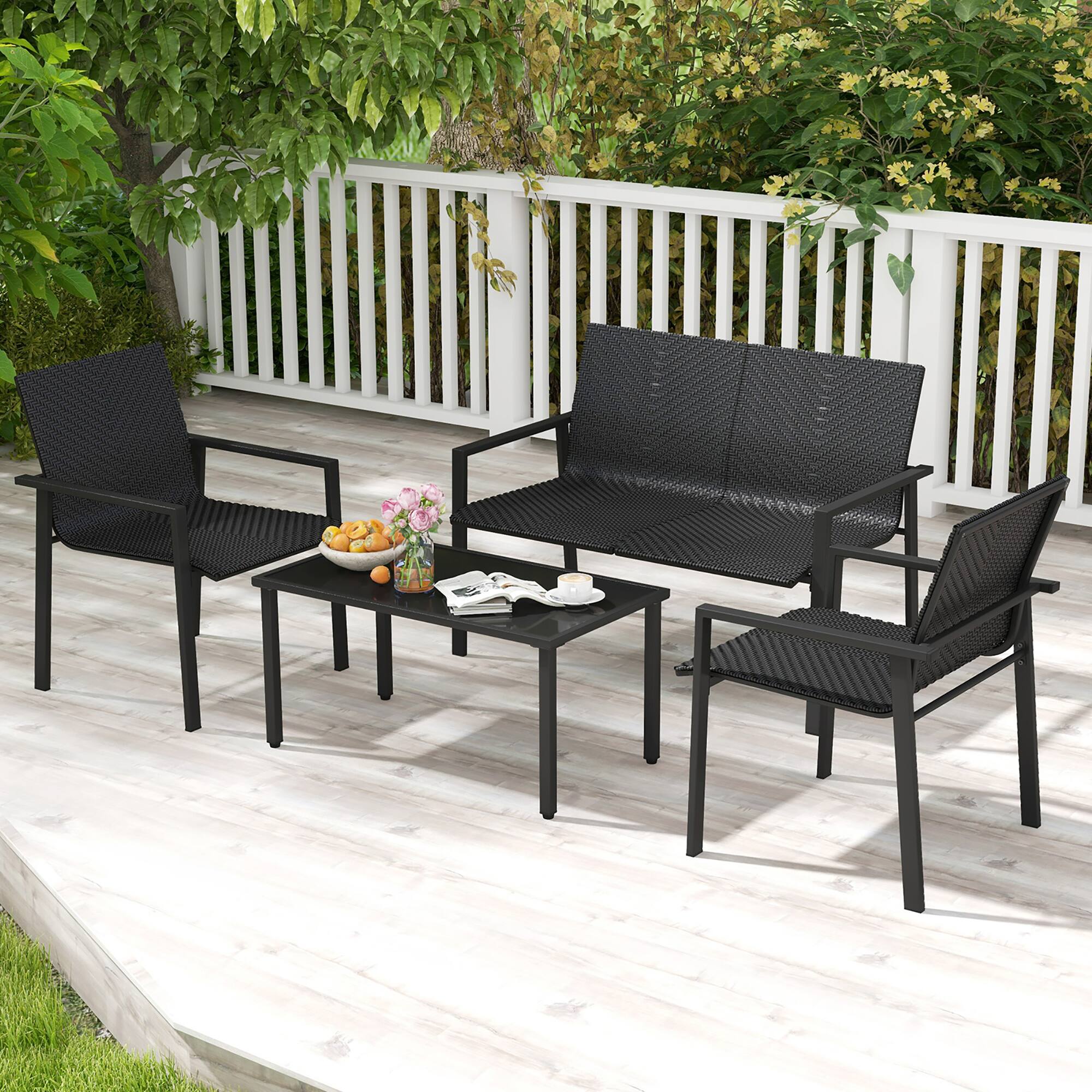 Alt View 3. Gymax - Gymax 4 PCS Patio Furniture Set Heavy Duty Galvanized Metal Frame Wicker Table Black - Black.
