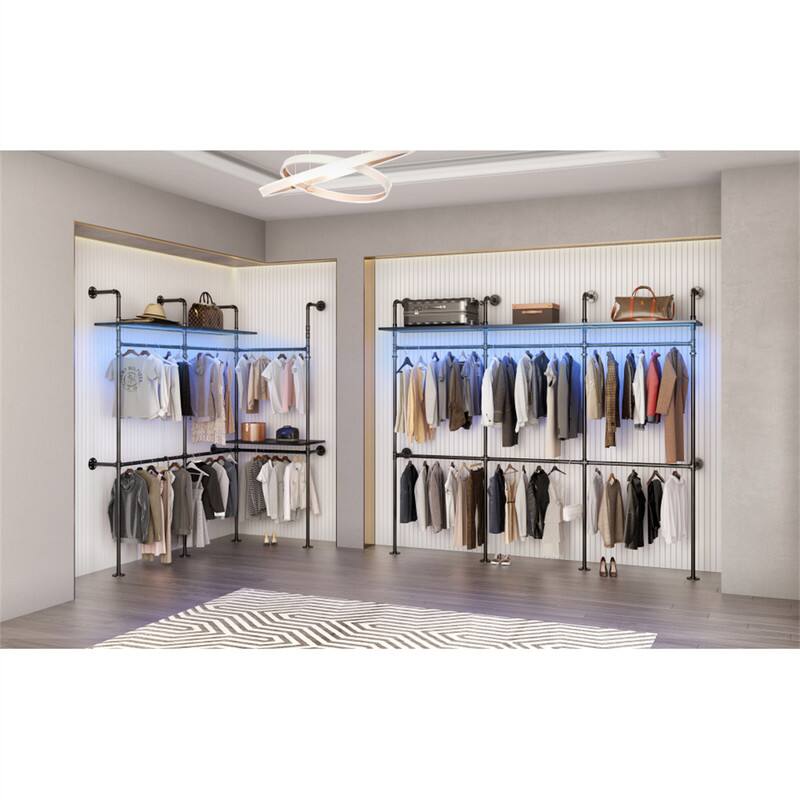 Alt View 1. ALEXOUN - Industrial Pipe Clothing Rack - 118" Reversible Heavy Duty Garment Rack with Shelves, Walk-in Closet System, Black,3pcs - Black.