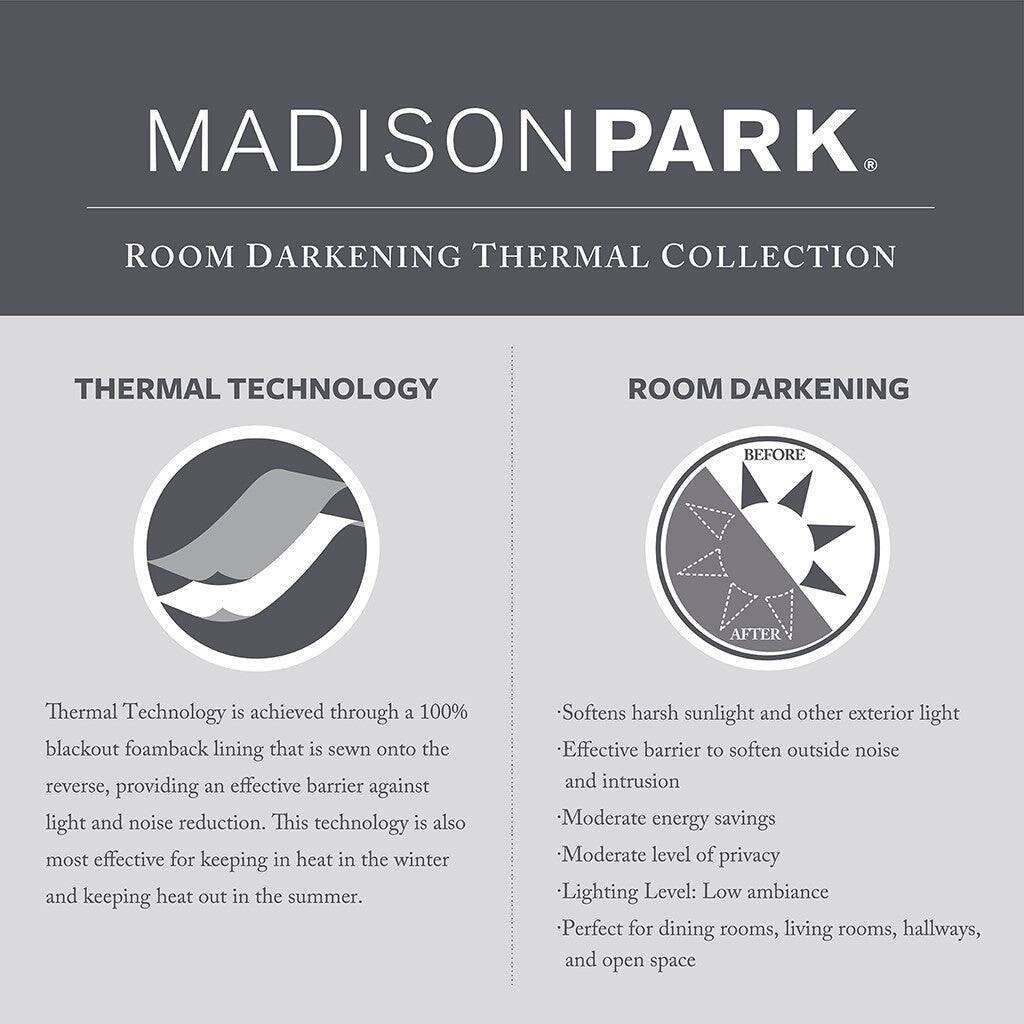 MADISON PARK  
ROOM DARKENING THERMAL COLLECTION  

THERMAL TECHNOLOGY  
Thermal Technology is achieved through a 100% blackout foamback lining that is sewn onto the reverse, providing an effective barrier against light and noise reduction. This technology is also most effective for keeping in heat in the winter and keeping heat out in the summer.  

ROOM DARKENING  
- Softens harsh sunlight and other exterior light  
- Effective barrier to soften outside noise and intrusion  
- Moderate energy savings  
- Moderate level of privacy  
- Lighting Level: Low ambiance  
- Perfect for dining rooms, living rooms, hallways, and open space