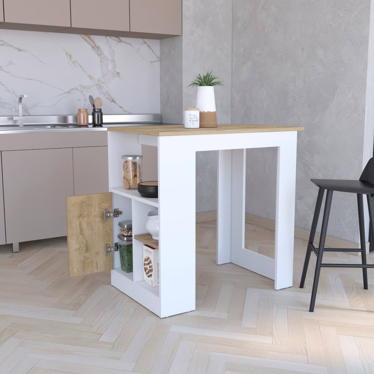 Back. Loheer - Loheer Modern Stationary Kitchen Island with Side Shelves and Push to Open Cabinet - Multicolor.