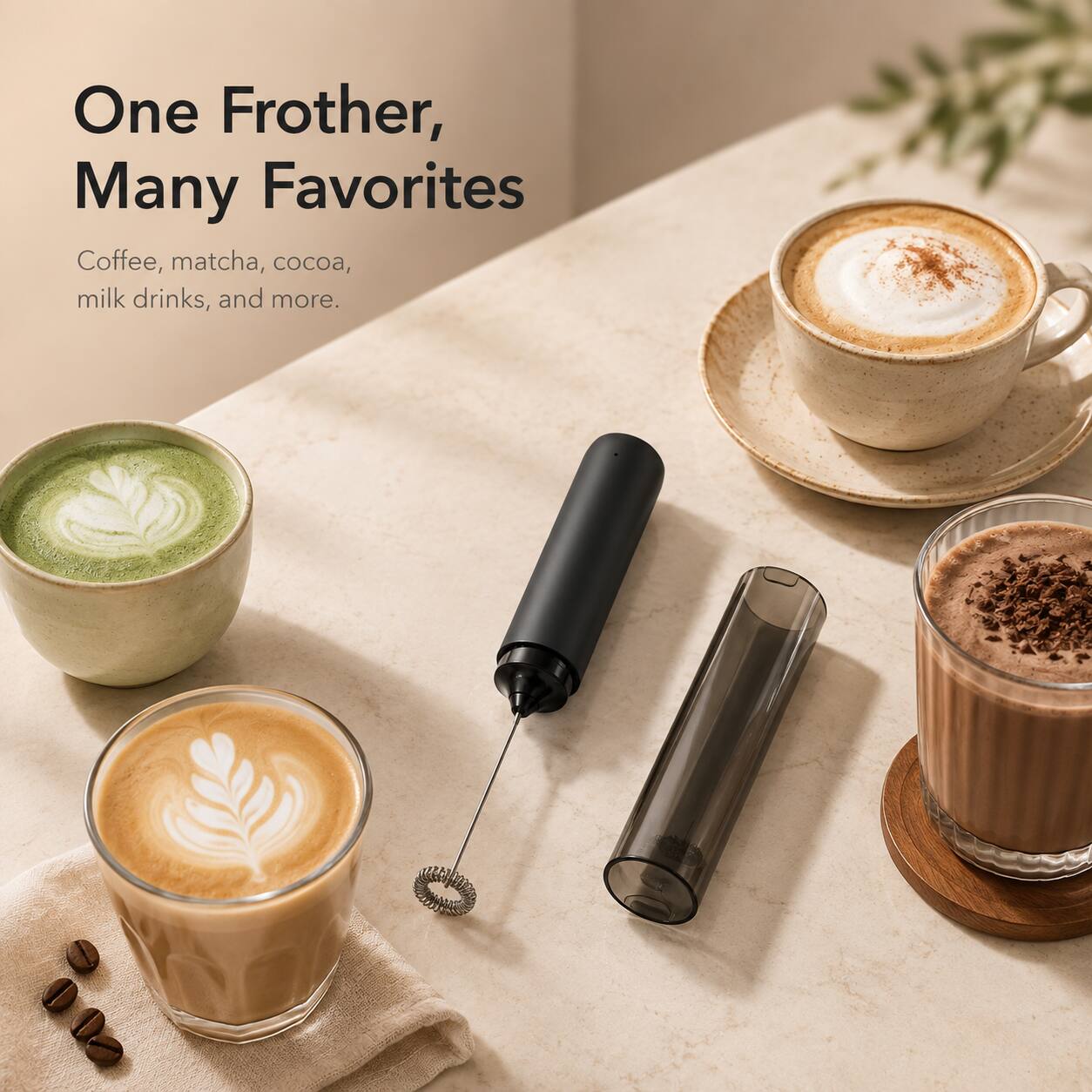 One Frother, Many Favorites  
Coffee, matcha, cocoa, milk drinks, and more.