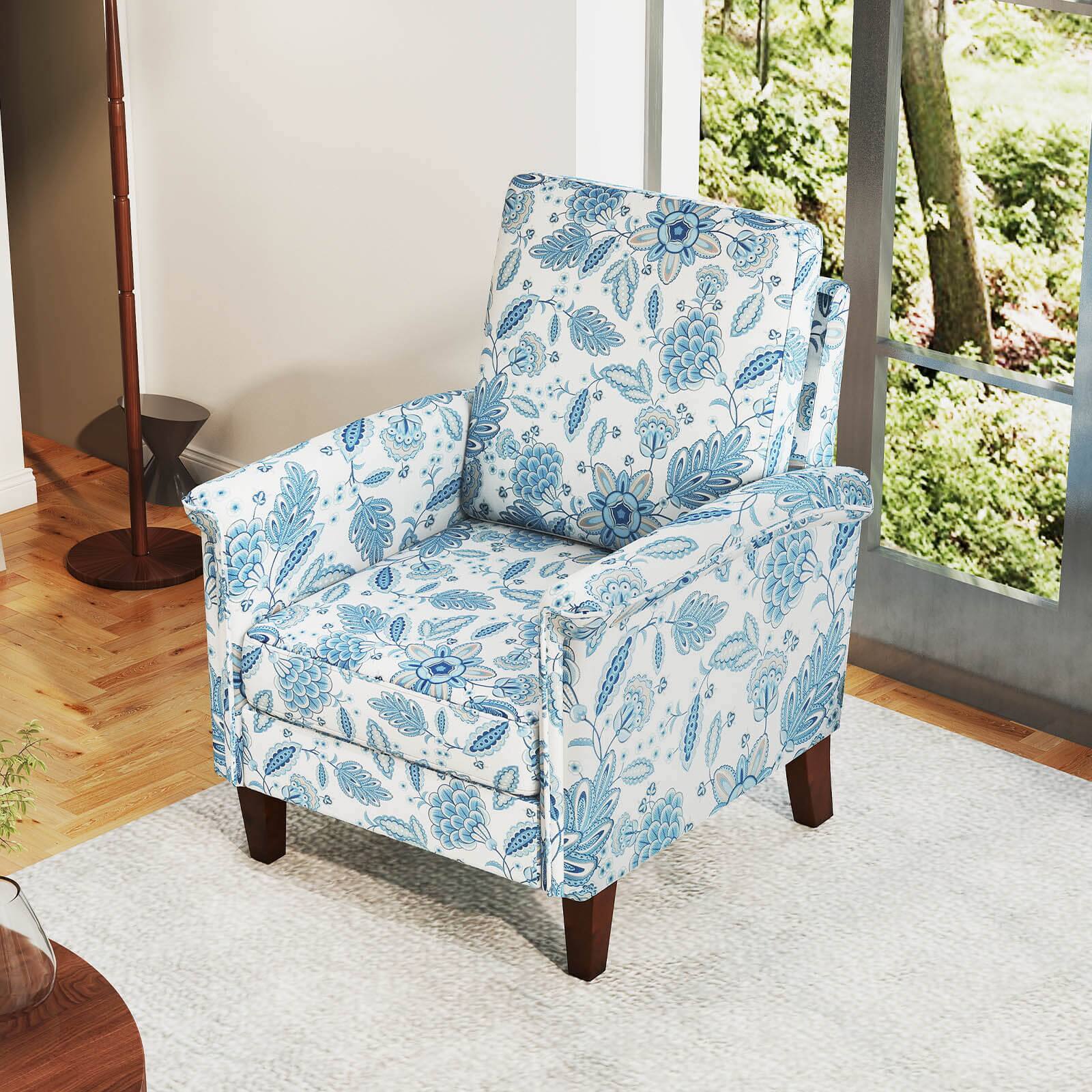 Alt View 3. Costway - Costway 1 PCS Floral Accent Chair with Solid Wood Legs & High Back Thick Comfy Cushions - Blue.