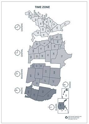 TIME ZONE

EASTERN
ME IN NH NY VA NC PA SC WV GA FL TN KY MI IN OH AL TN MS

CENTRAL
ND SD NE MO AR LA MN KS OK TX

MOUNTAIN
CO WY MT

PACIFIC
CA NV OR WA

HAWAII
HI

ALASKA
AK