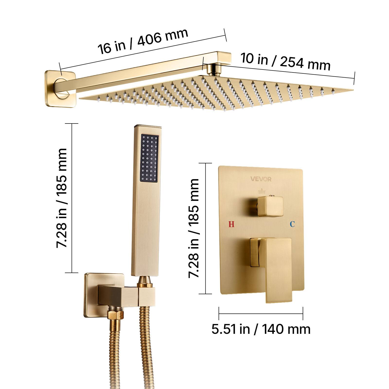 The corrected text is:

- 406 mm / 16 in
- 10 in / 254 mm
- 185 mm / 7.28 in
- 5.51 in / 140 mm