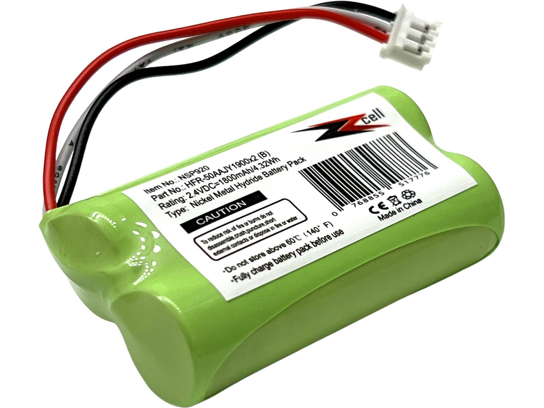 A: Cell (B) 32Wh Pack  
Item No.: NSP920  
Part No.: HFR-50AAJY1900x2  
Rating: 2.4V/DC=1800mAh/4.32Wh  
Type: Nickel Metal Hydride Battery Pack  
CAUTION:  
- Do not store battery pack above 60°C (140°F)  
- Fully charge battery pack before use  
- Do not store battery pack in a discharged state  
- Do not puncture, crush, or dispose of in fire or water  
Made in China