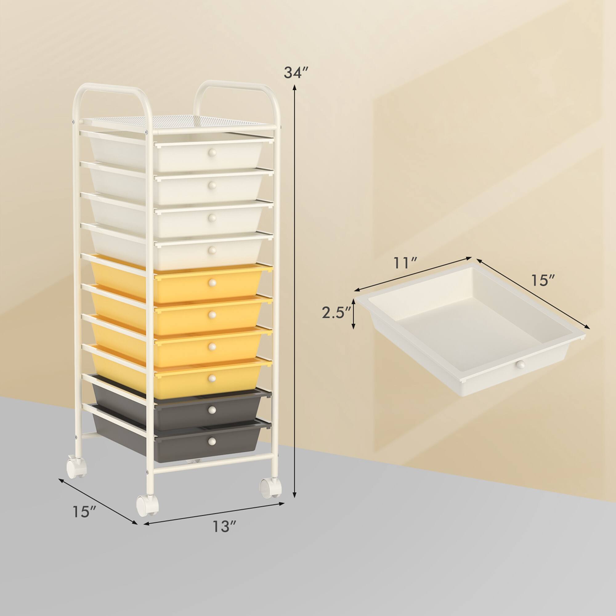 The text on the image reads: 34" 11" 15" 2.5' 15" 13". This is a measurement of the height and width of a storage cart. The cart is 34 inches tall, 11 inches wide, and 15 inches deep. The cart also has a 2.5 foot shelf and is 15 inches wide and 13 inches deep.