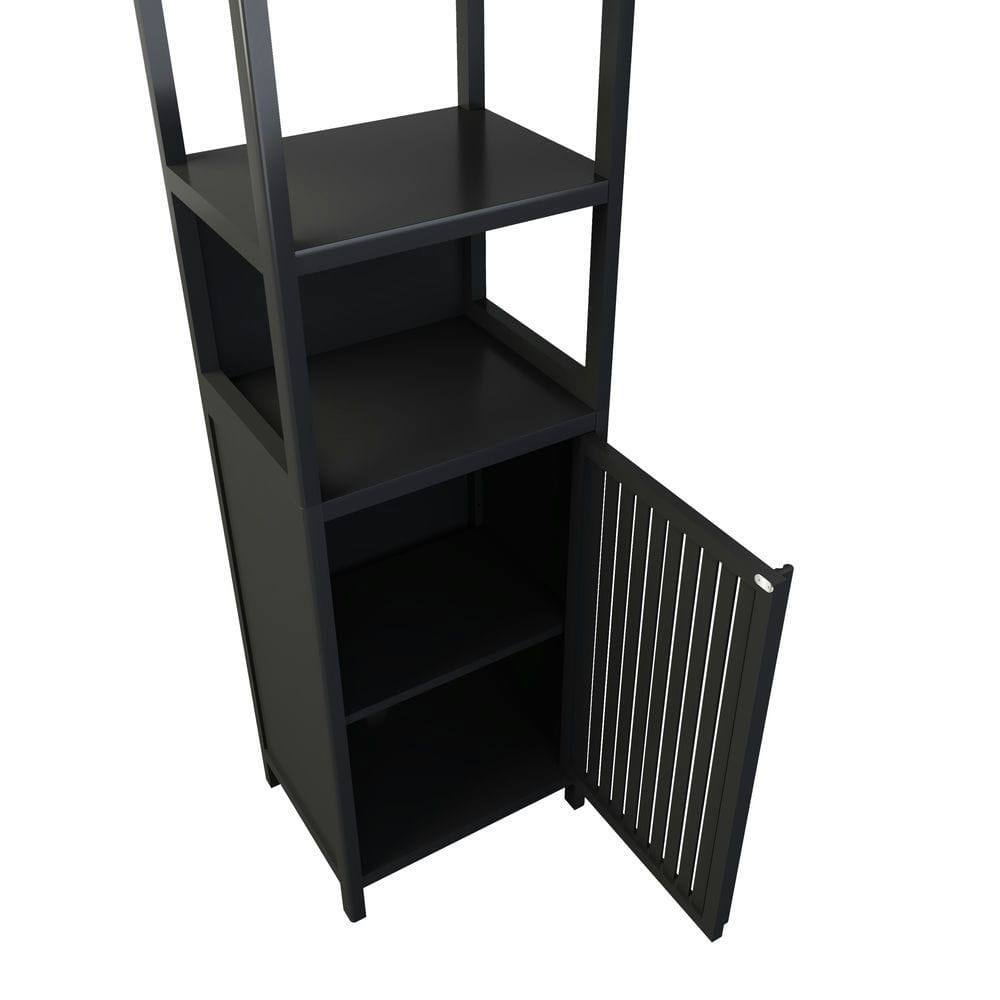 Alt View 1. Kadyn - BLACK  Storage Tall Slim Cabinet with Shutter Door and 3 Tier Shelves, Freestanding Linen Tower Cabinet, Natural Bamboo - Black.