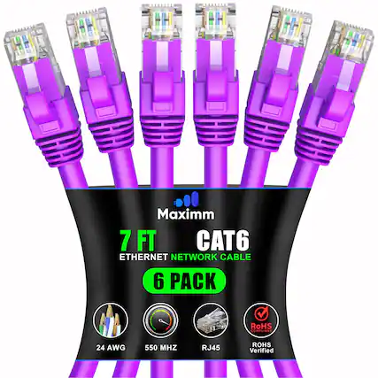 Maximm 7 FT CAT6 ETHERNET NETWORK CABLE 6 PACK
RoHS COMPLIANT
24 AWG
550 MHZ
RJ45
RoHS Verified