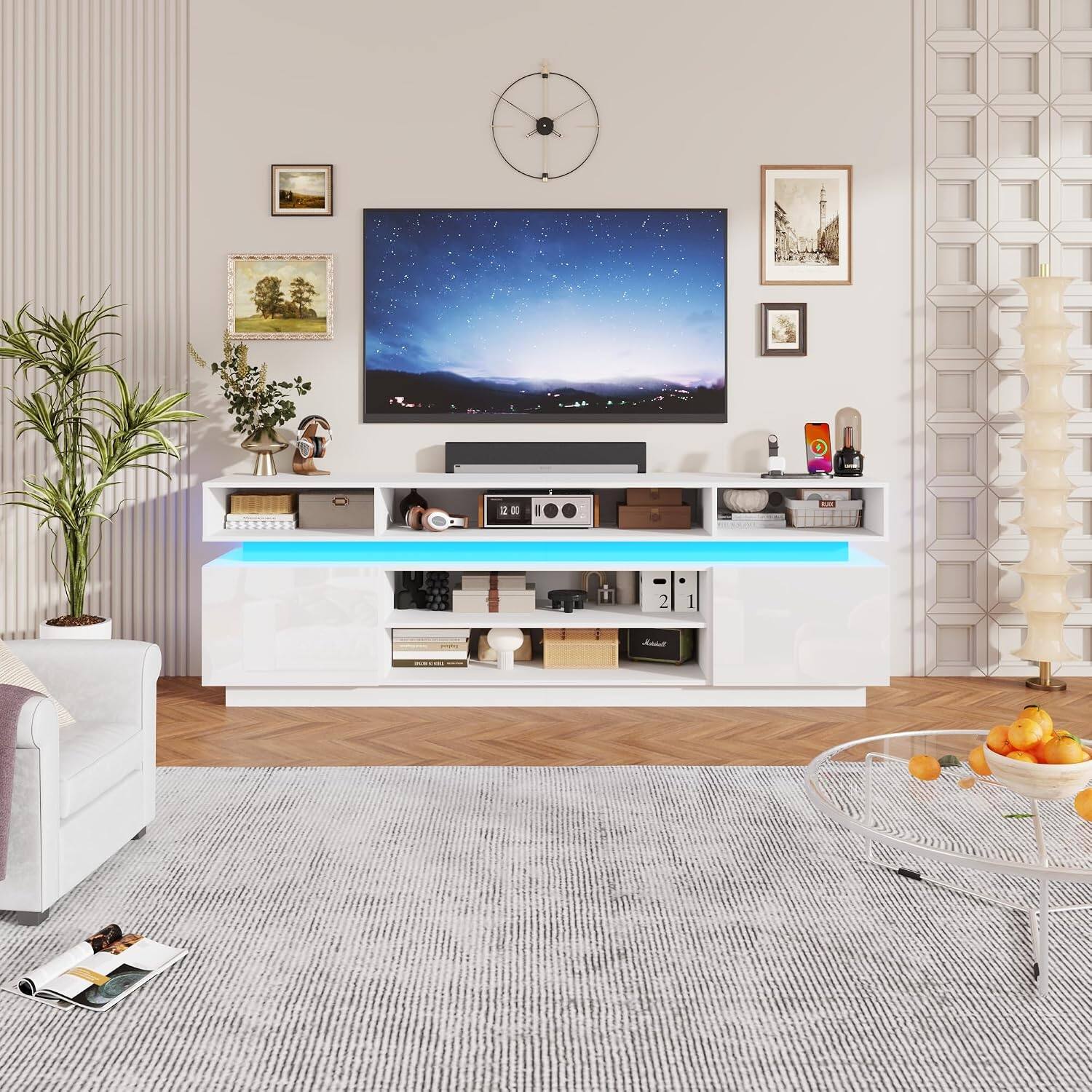 Angle. Espafurni - 93" LED TV Stand with Power Outlets, High Gloss & Glass Shelf - White.
