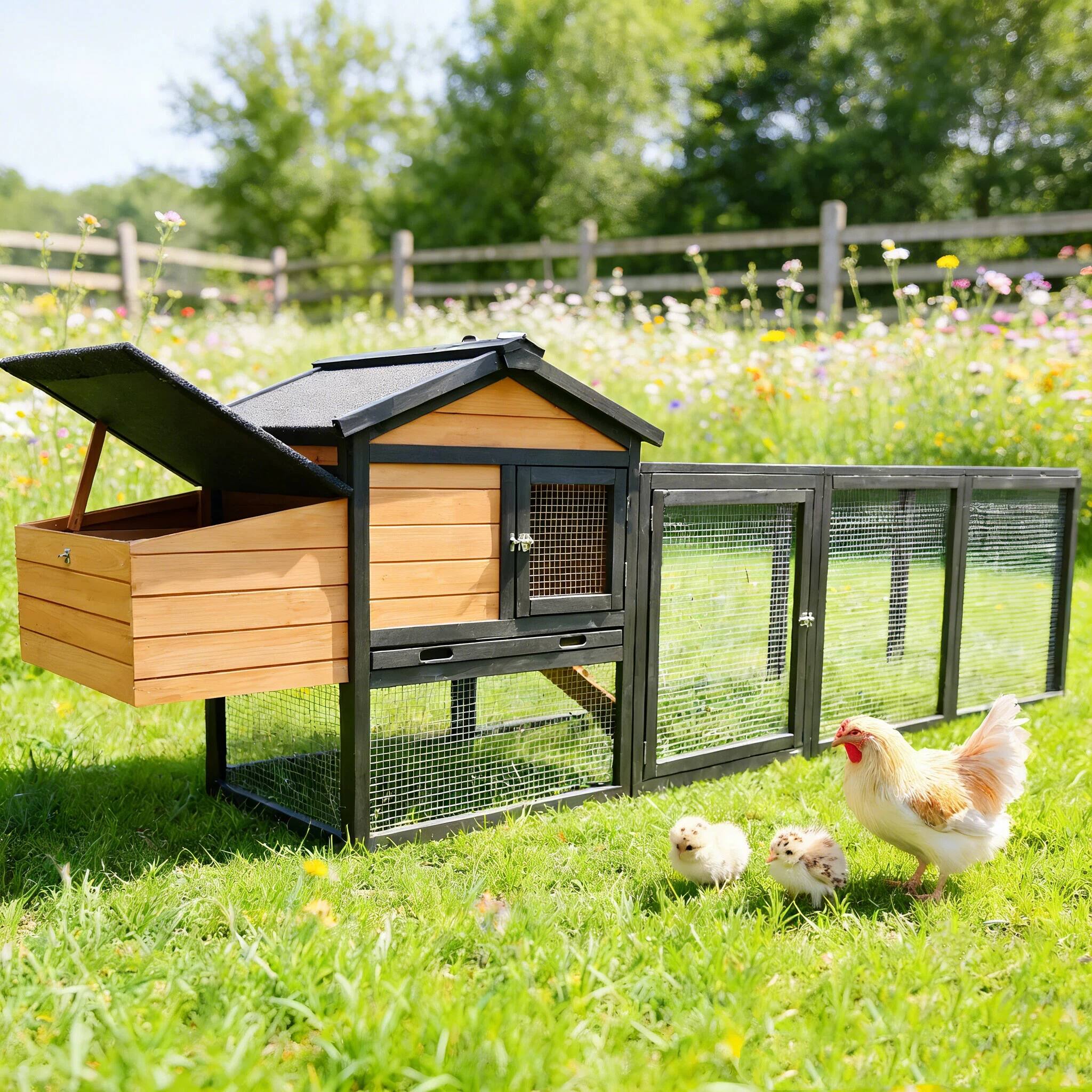 Front. Mondawe - 107" Fir Wood Chicken Coop Outdoor Hen House Poultry Cage w/ Nesting Box, Rabbit Hutch - Brown.