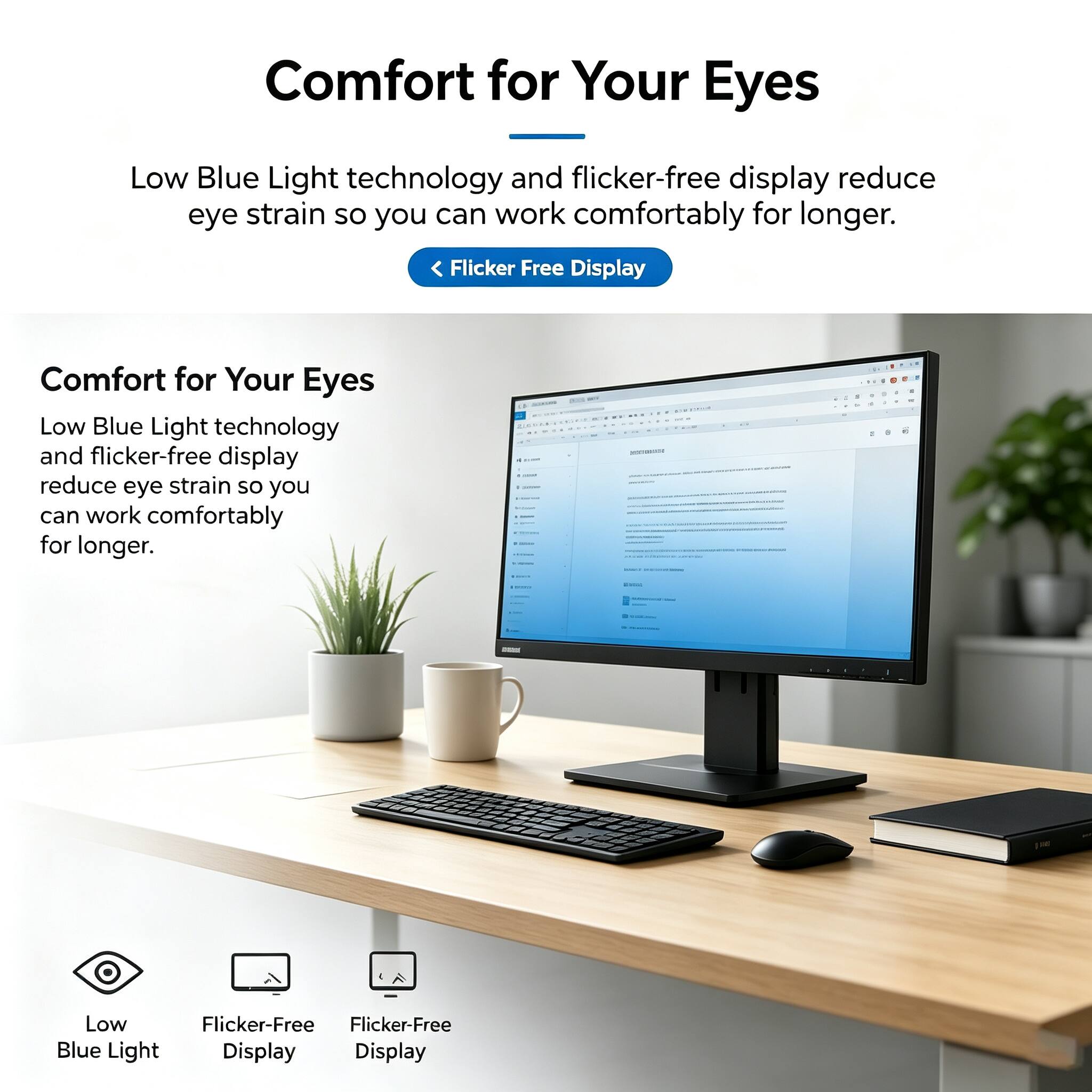 Comfort for Your Eyes

Low Blue Light technology and flicker-free display reduce eye strain so you can work comfortably for longer.

Flicker-Free Display

Comfort for Your Eyes

Low Blue Light technology and flicker-free display reduce eye strain so you can work comfortably for longer.

Low Blue Light
Flicker-Free Display
Flicker-Free Display