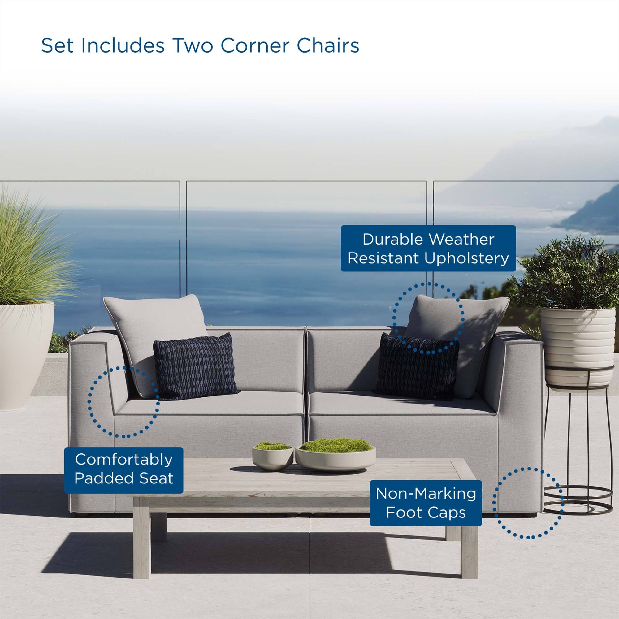 Set Includes Two Corner Chairs  
Durable Weather Resistant Upholstery  
Comfortably Padded Seat  
Non-Marking Foot Caps