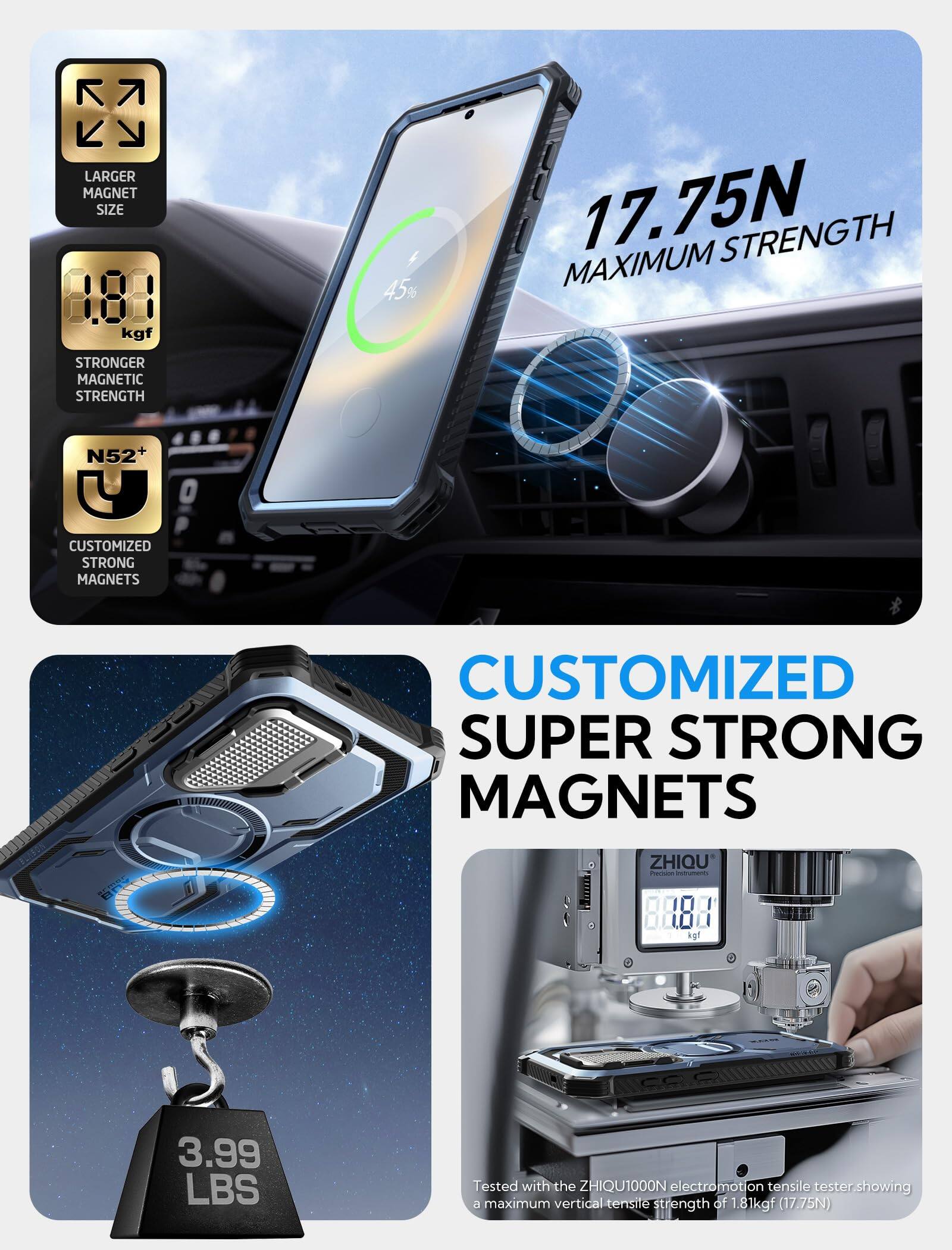 - Larger Magnet Size
- Stronger Magnetic Strength: 1.81 kgf (17.75N)
- 45% Stronger Magnetic Strength
- N52+ Customized Strong Magnets
- Customized Super Strong Magnets
- 17.75N Maximum Strength
- 3.99 LBS
- Tested with the ZHIQU1000N electromotion tensile tester, showing a maximum vertical tensile strength of 1.81 kgf (17.75N)