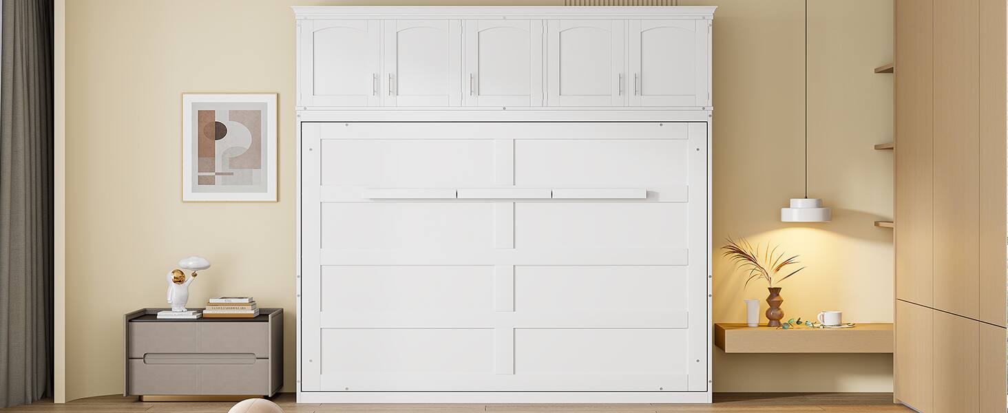 Alt View 3. Tiramisubest - Full Size White Murphy Wall Bed with Cabinets, Plywood, Space-Saving & Comfortable - White.