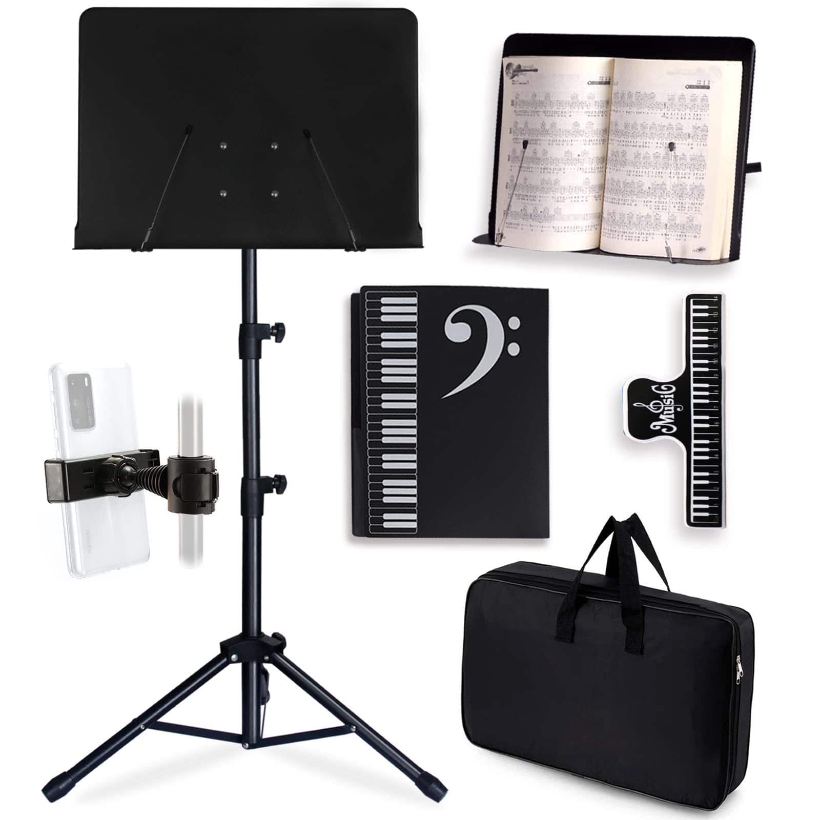 MAGICAL RUBS - Sheet Music Stand - Full Metal With Carrying Bag Phone Holder Folder And Clip 5 In 1 Desktop Book Black - Default