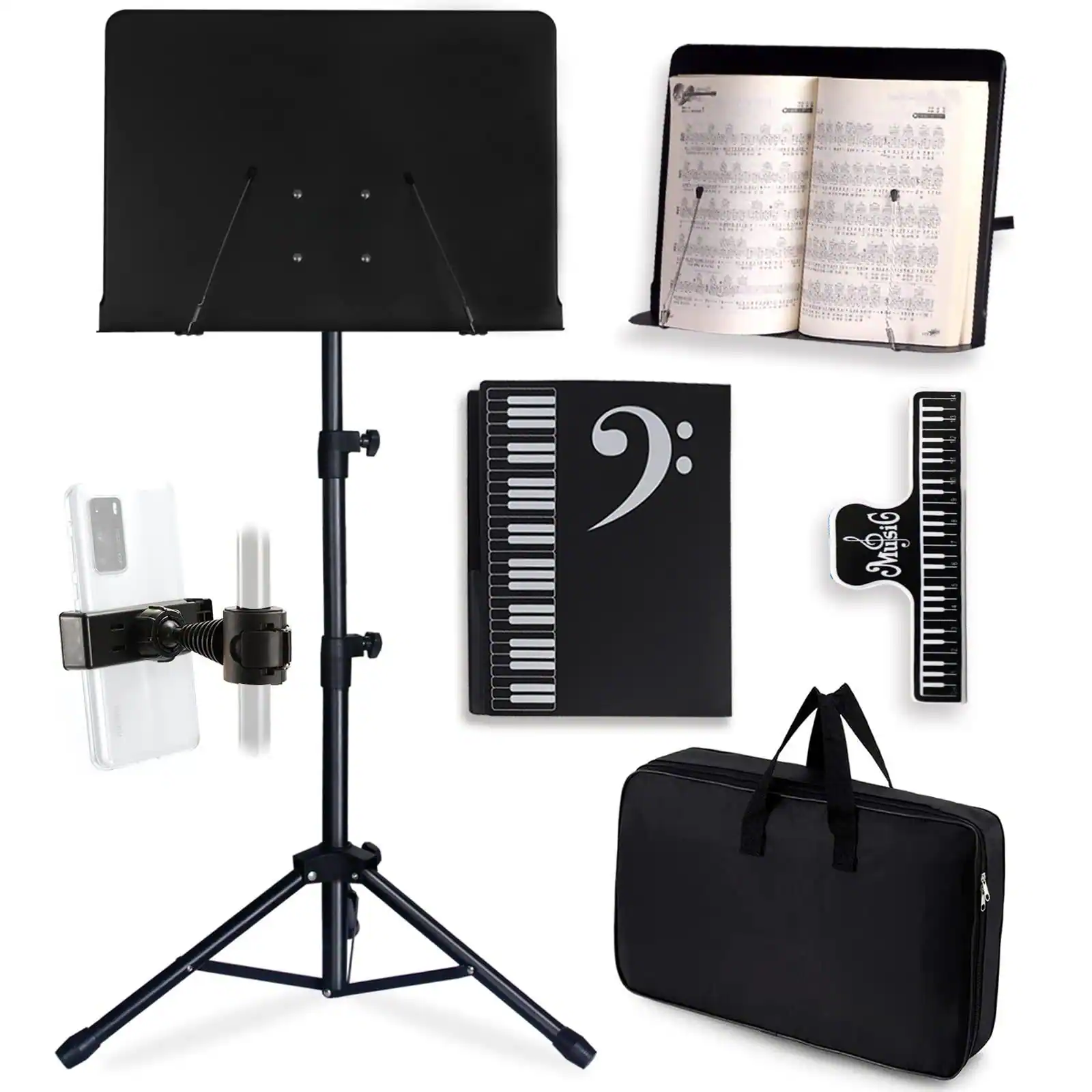 Front. MAGICAL RUBS - Sheet Music Stand - Full Metal With Carrying Bag Phone Holder Folder And Clip 5 In 1 Desktop Book Black - Default.