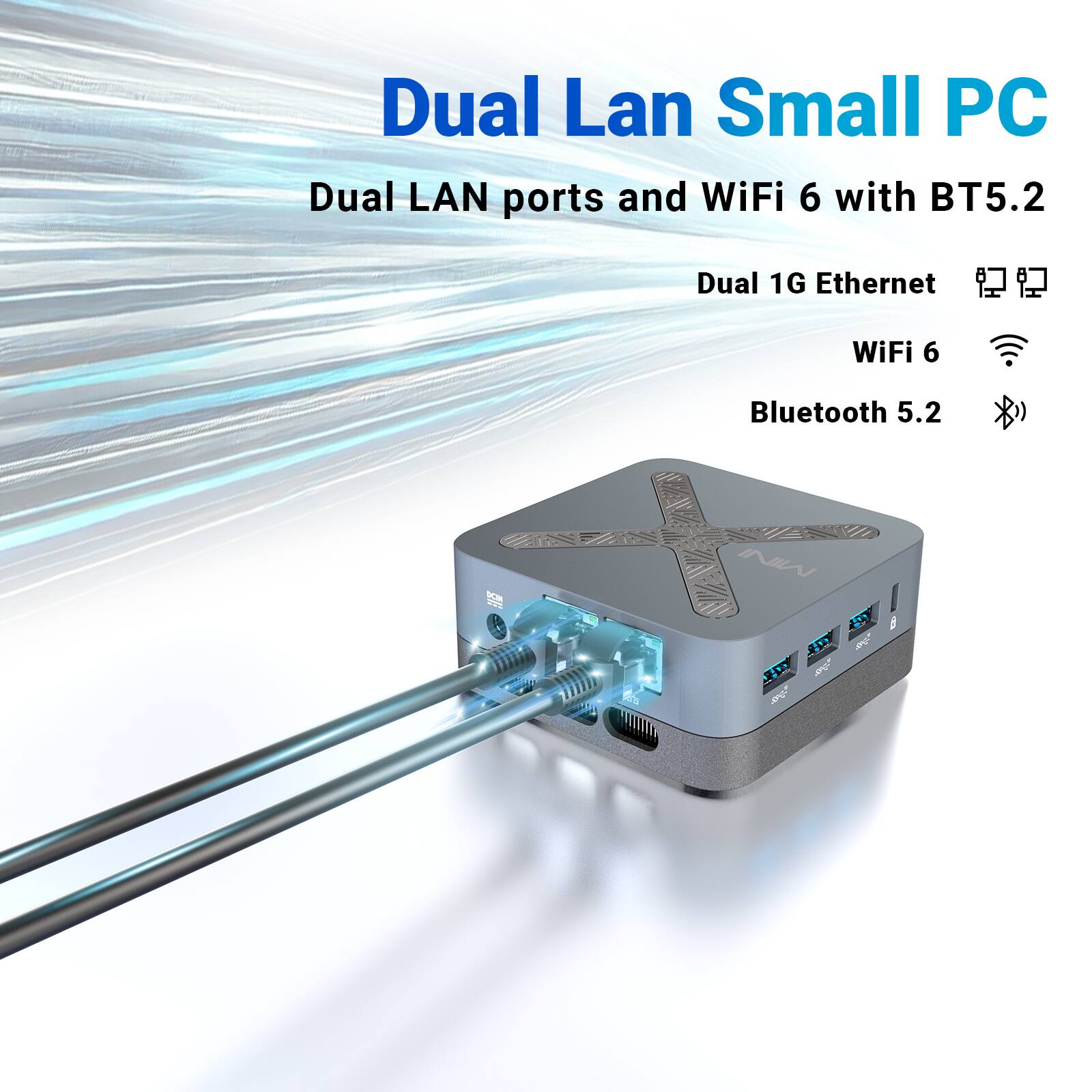Dual LAN Small PC, Dual LAN ports and WiFi 6 with BT5.2, Dual 1G Ethernet, WiFi 6, Bluetooth 5.2