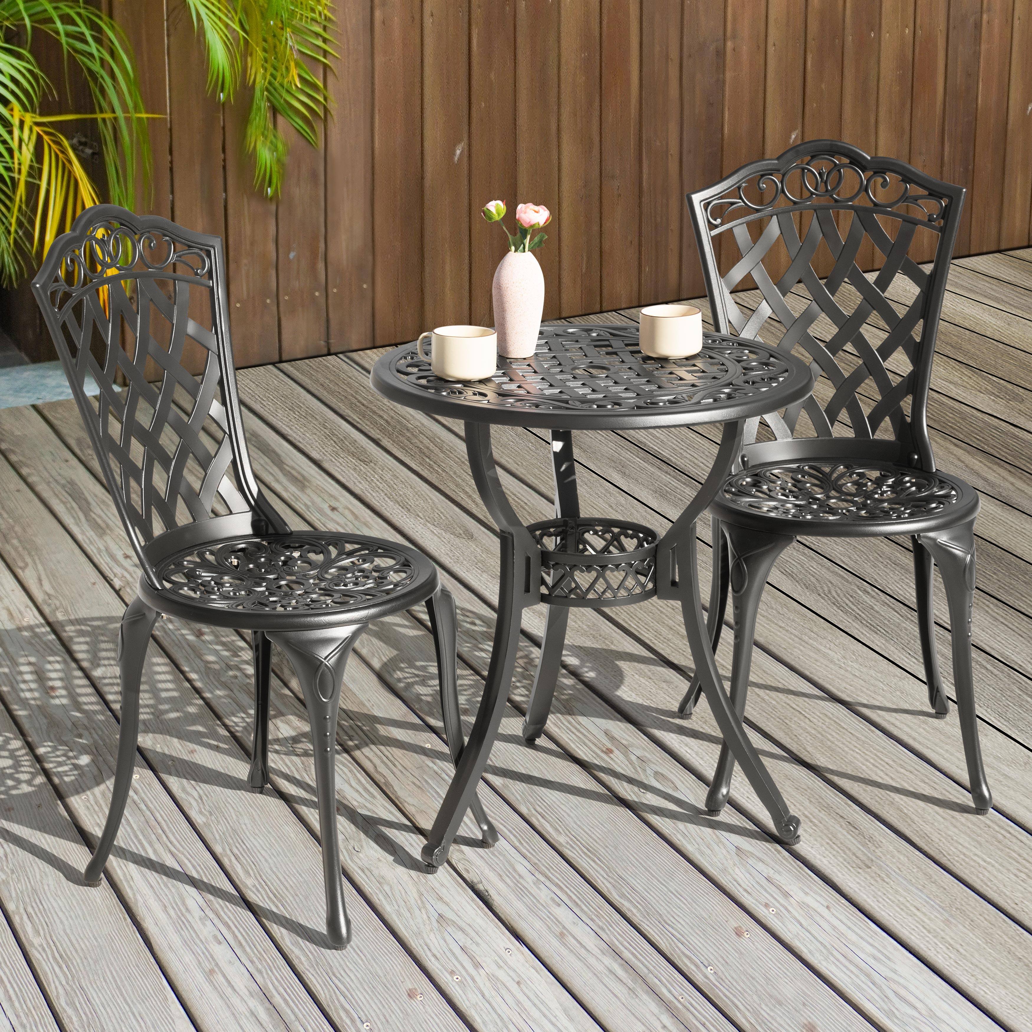 Left. Nuu Garden - 3-Piece Round Patio Bistro Set，Cast Aluminum Bistro Table with Umbrella Hole and Chairs Set of 2 - black.