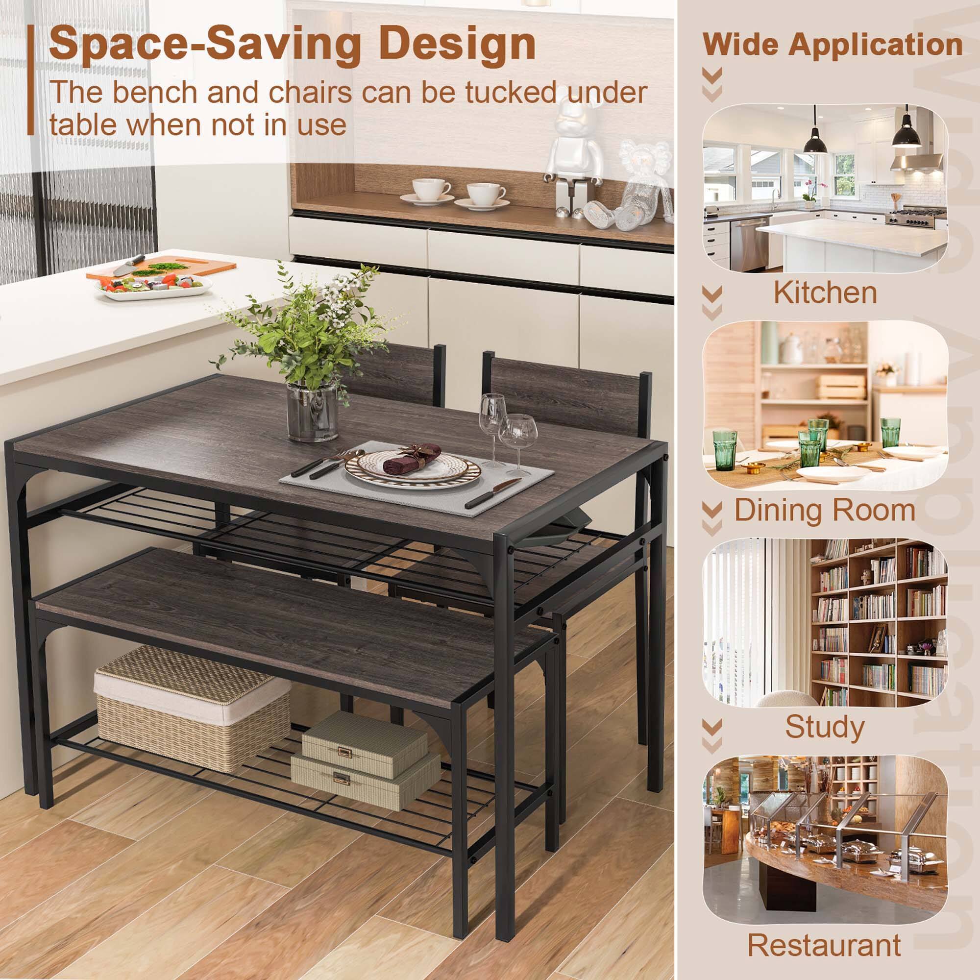 Space-Saving Design: The bench and chairs can be tucked under the table when not in use. Wide Application: This design can be used in various spaces such as kitchens, dining rooms, and restaurants. It also serves as a study area.
