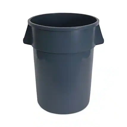 Front. Boardwalk - Round Waste Receptacle, 44 gal, Plastic, Gray.